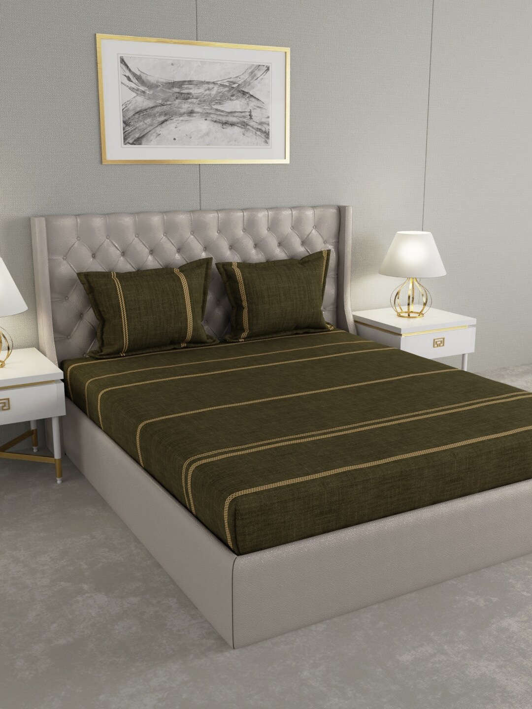 

Raymond Home Olive Striped 200 TC King Bedsheet With 2 Pillow Covers