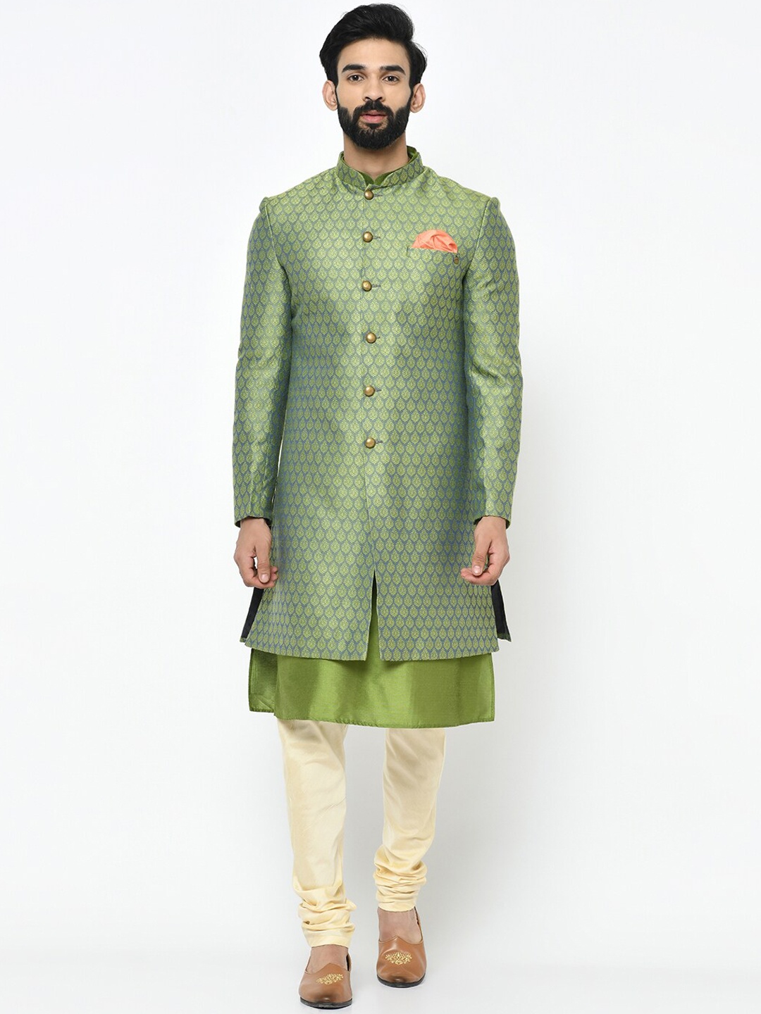 KISAH Men Green Printed Indowestern Sherwani Set