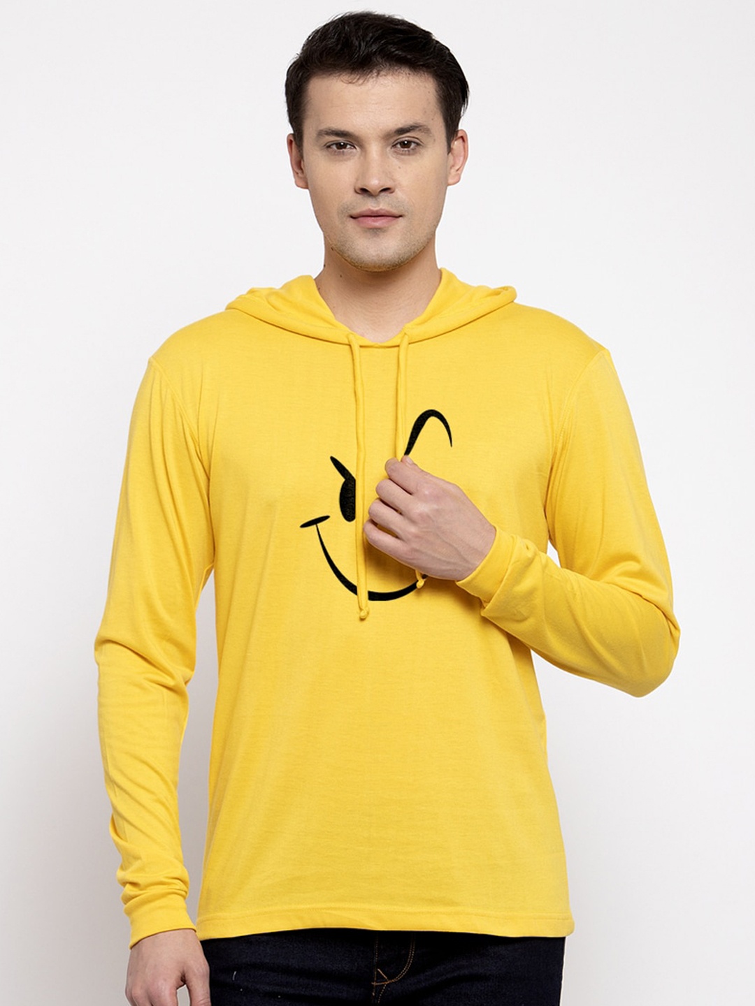 

Friskers Men Yellow Printed Hood T-shirt