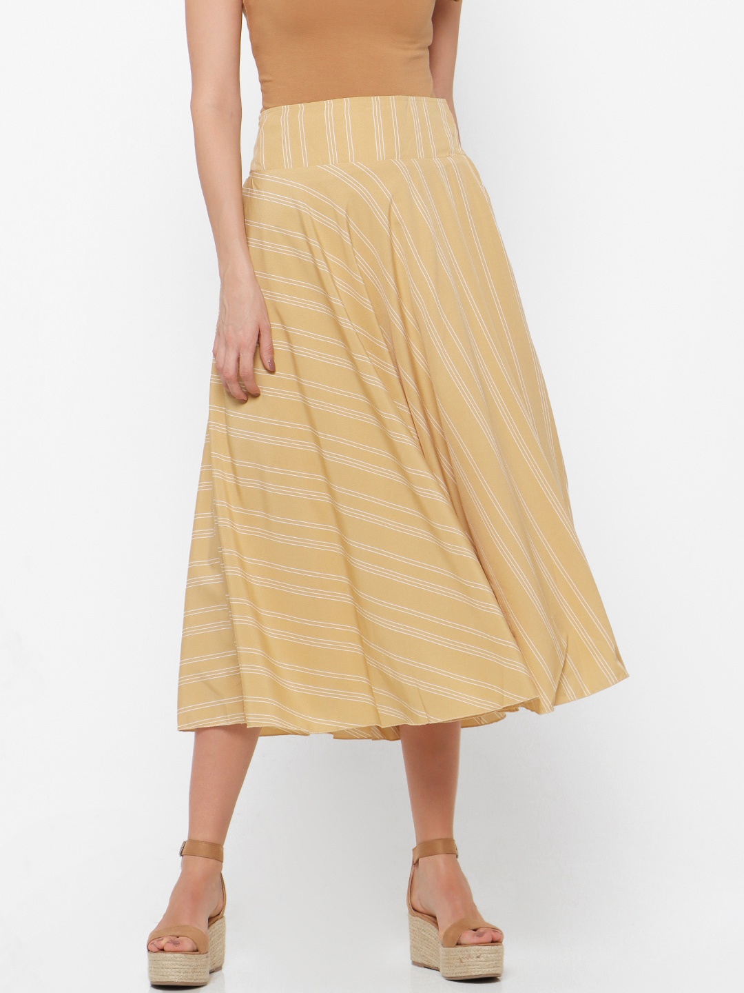 

FOREVER 21 Women Beige Striped Flared Midi Skirt