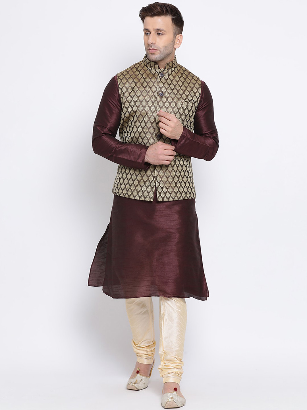 

NAMASKAR Men Brown & Gold-Coloured Solid Kurta with Churidar & Nehru Jacket