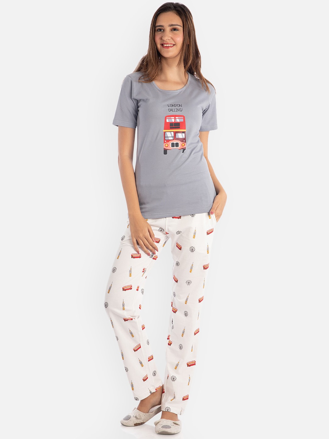 

Nite Flite Women Grey & White Printed Nightsuit