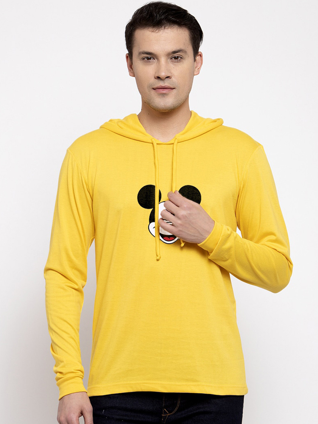 

Friskers Men Yellow Mickey Mouse Printed Hood T-shirt