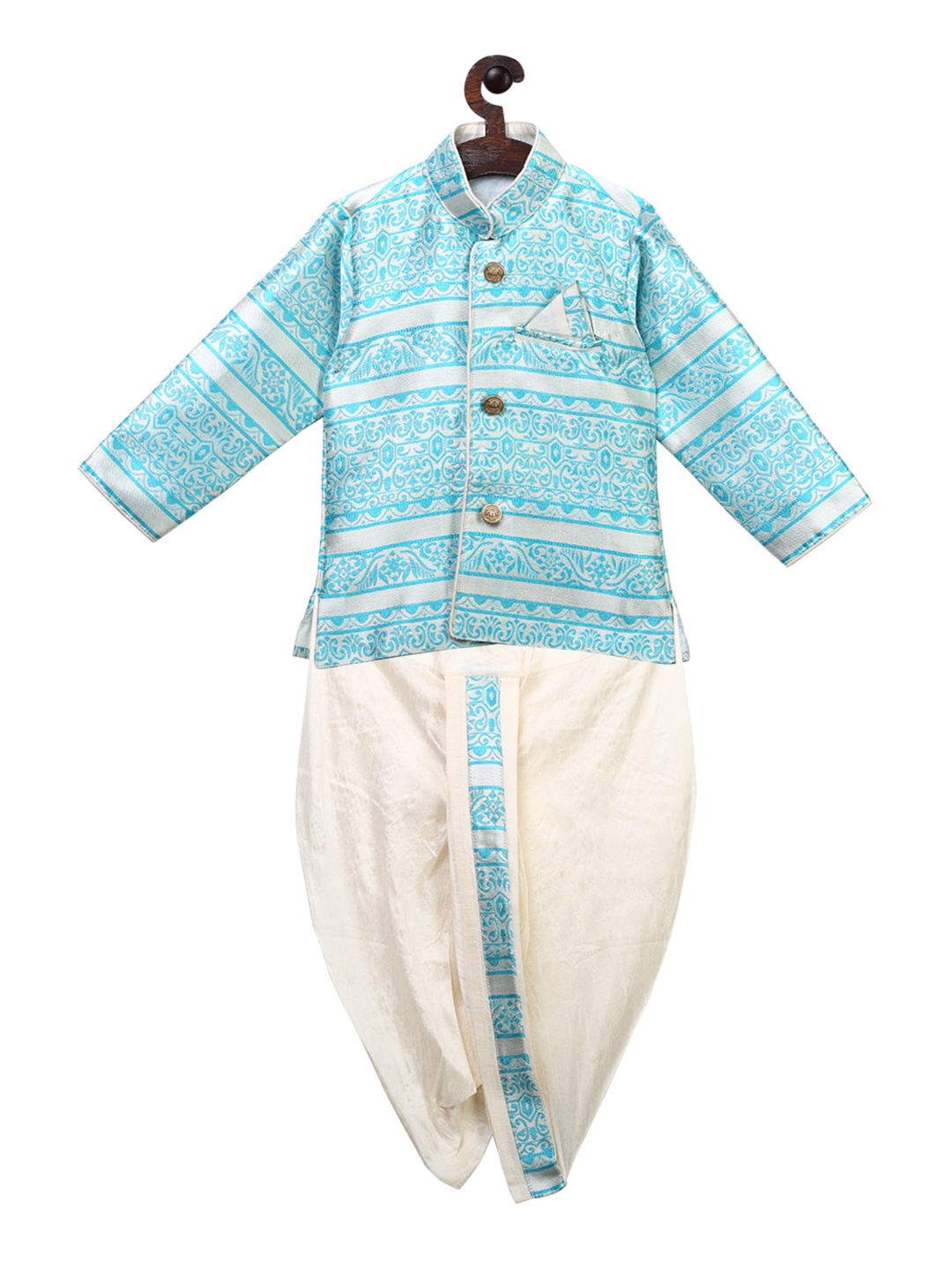 

Ridokidz Boys Turquoise Blue & Off-White Self Design Kurta with Dhoti Pants