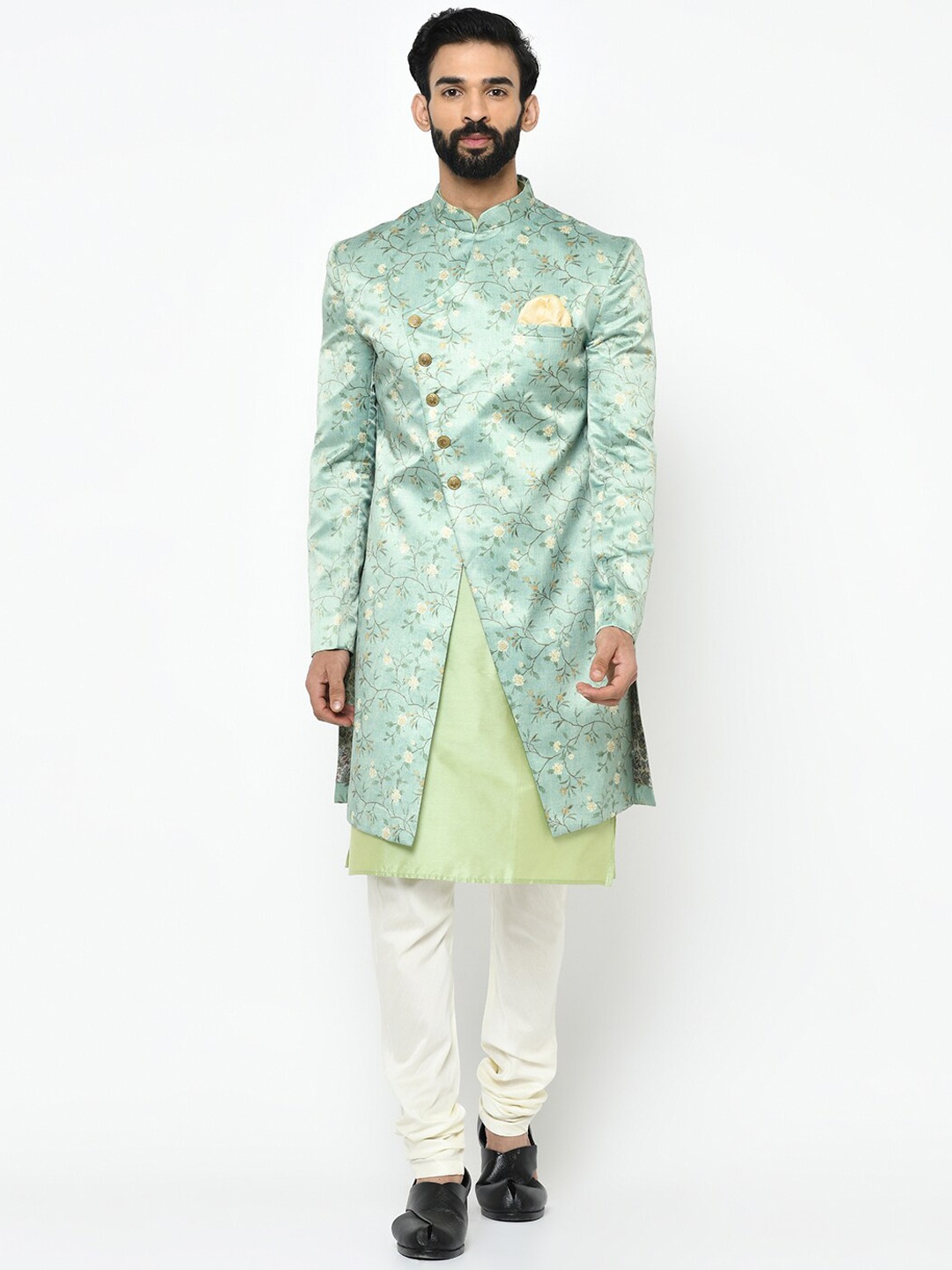 KISAH Men Fluorescent Green & White Indowestern Sherwani Set