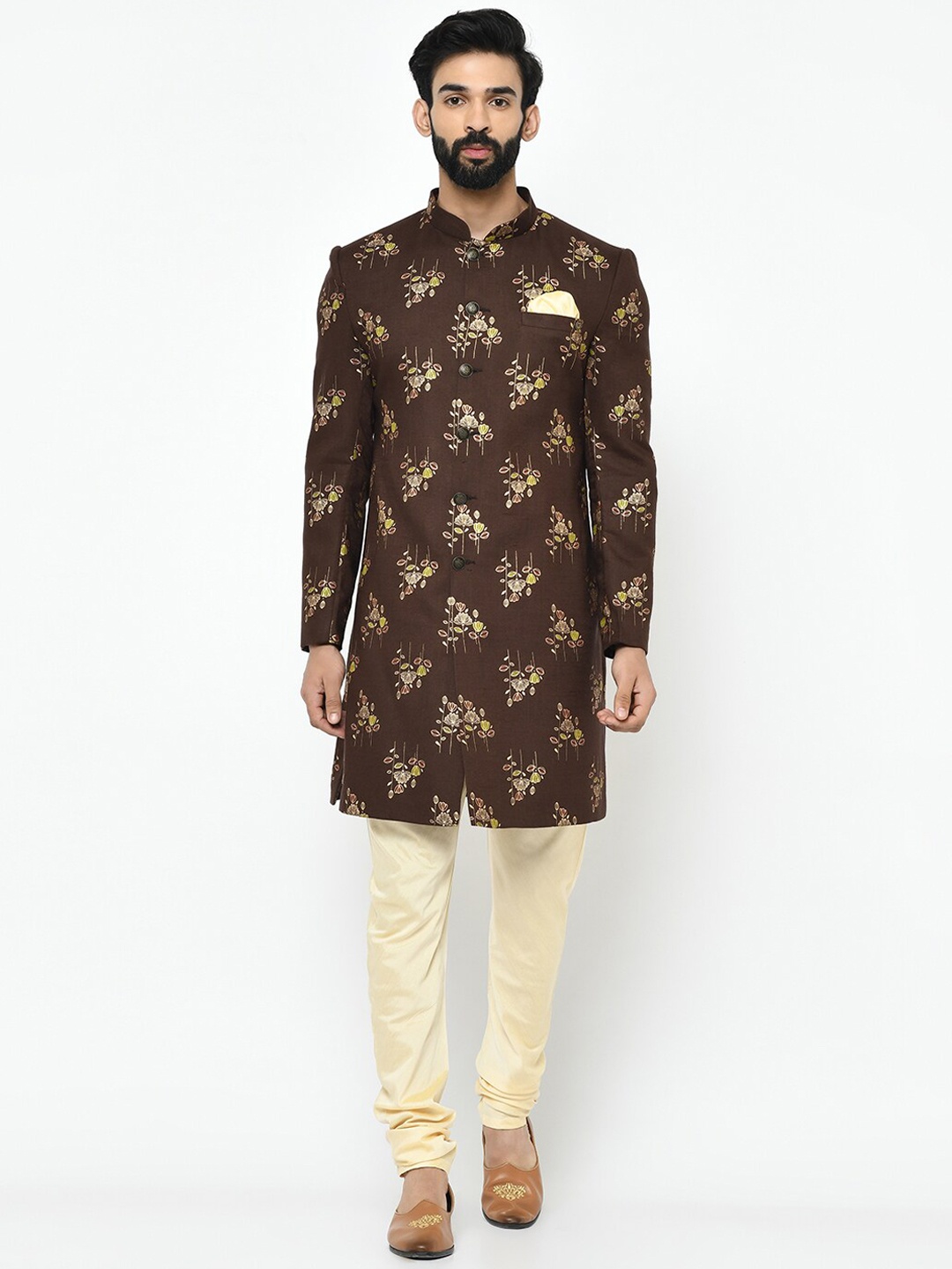 

KISAH Men Printed Cotton Indowestern Sherwani Set, Brown