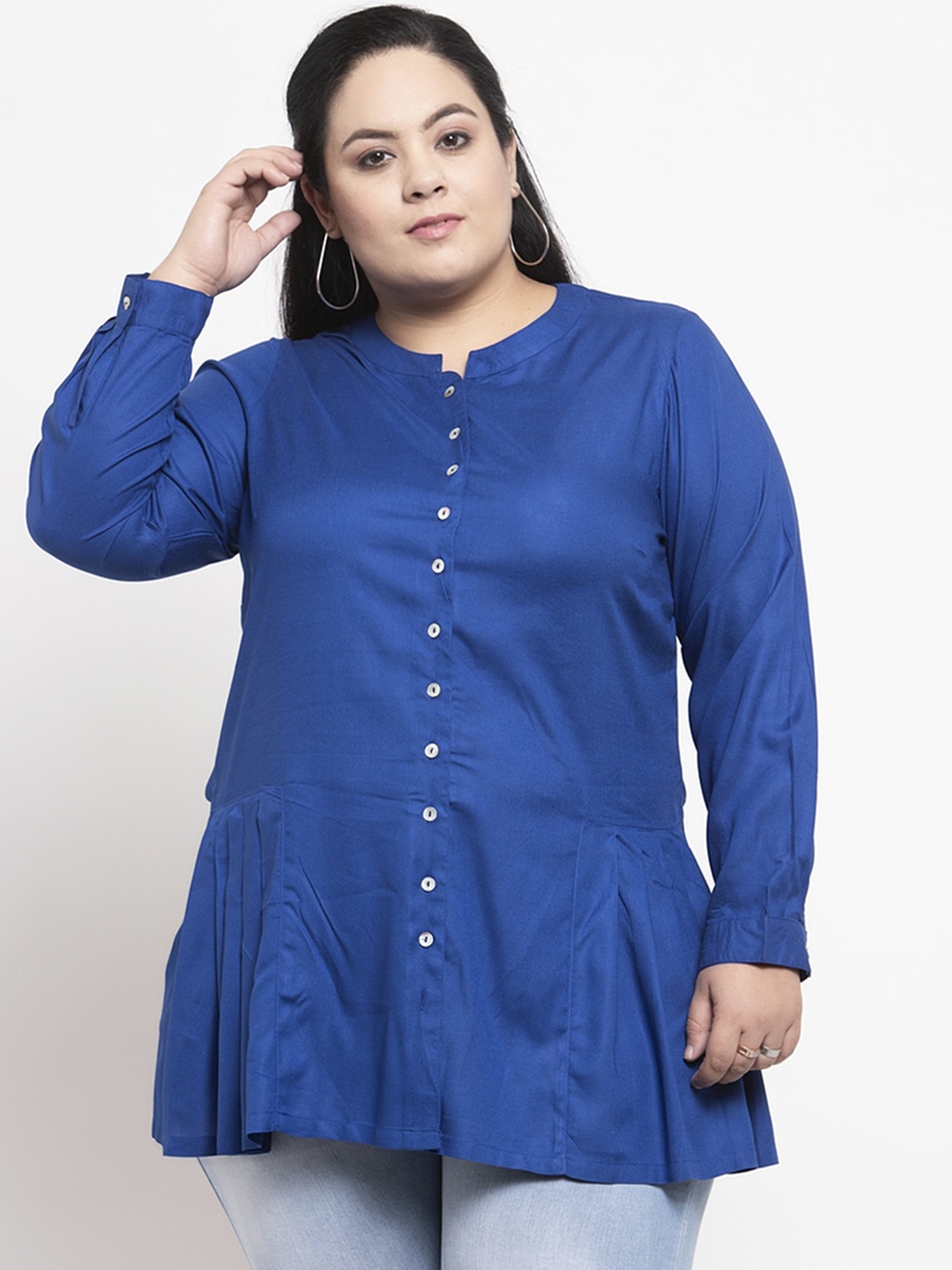 

plusS Women Blue Solid A-Line Pure Cotton Top