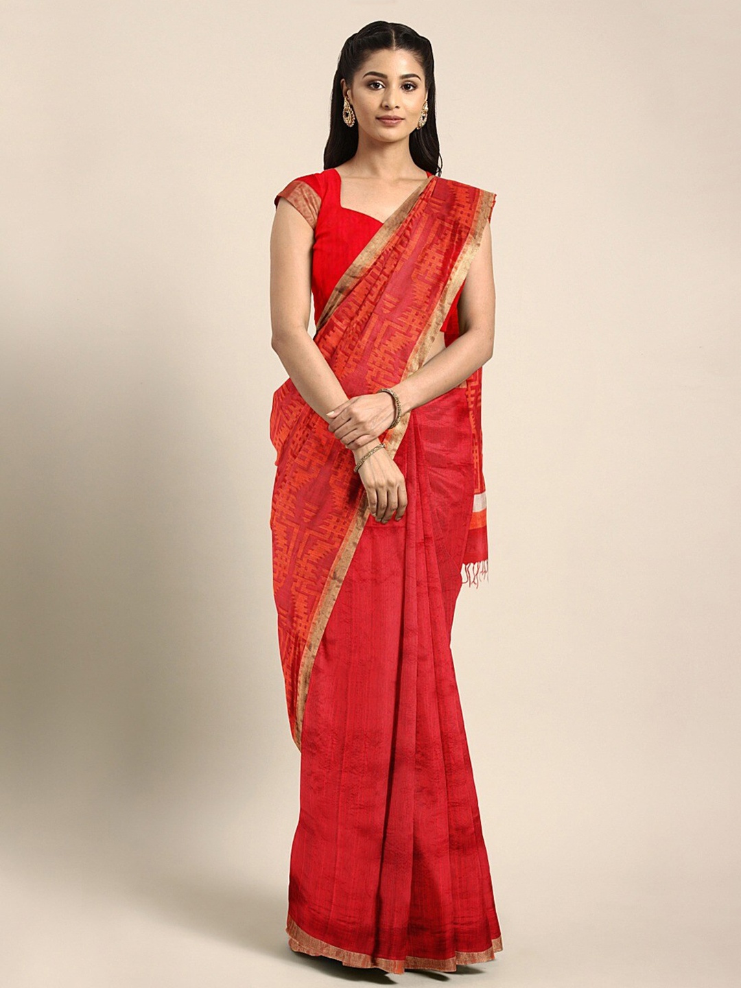 

Mitera Red Silk Blend Printed Taant Saree