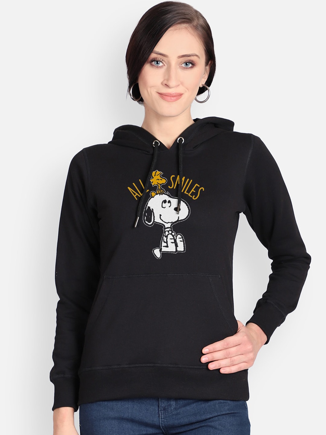 

Free Authority Women Black Peanuts Printed Hooded Sweatshirt