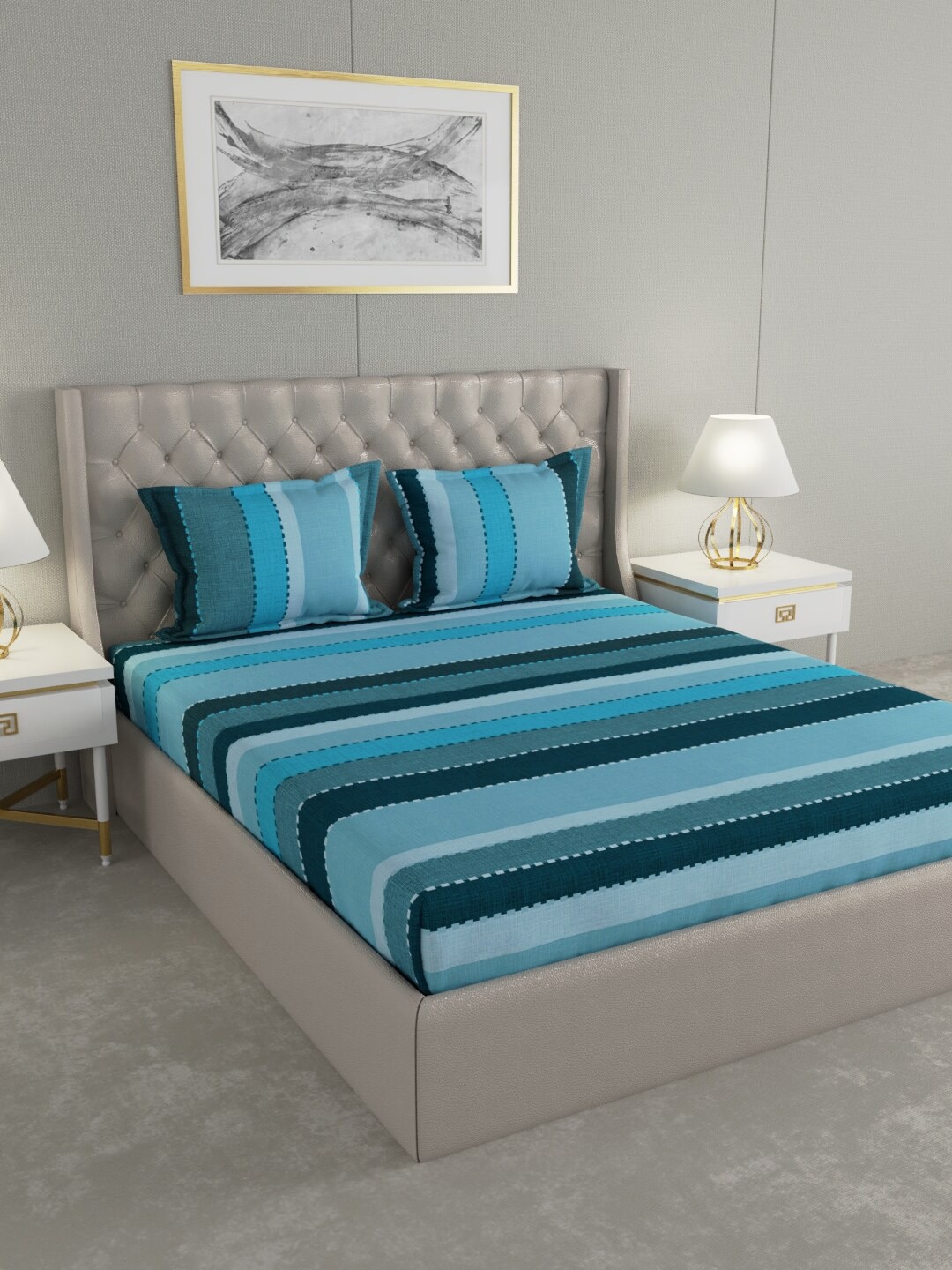 

Raymond Home Turquoise Blue & Green Striped 200 TC Double Bedsheet With 2 Pillow Covers