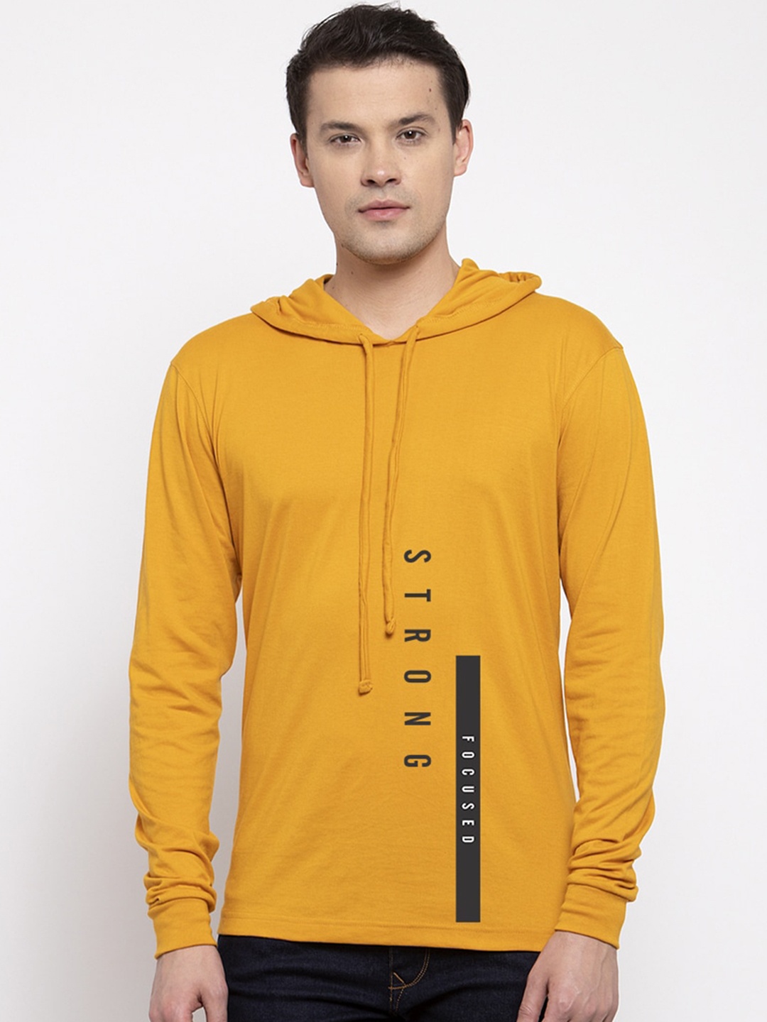 

Friskers Men Mustard Yellow Printed Hood T-shirt