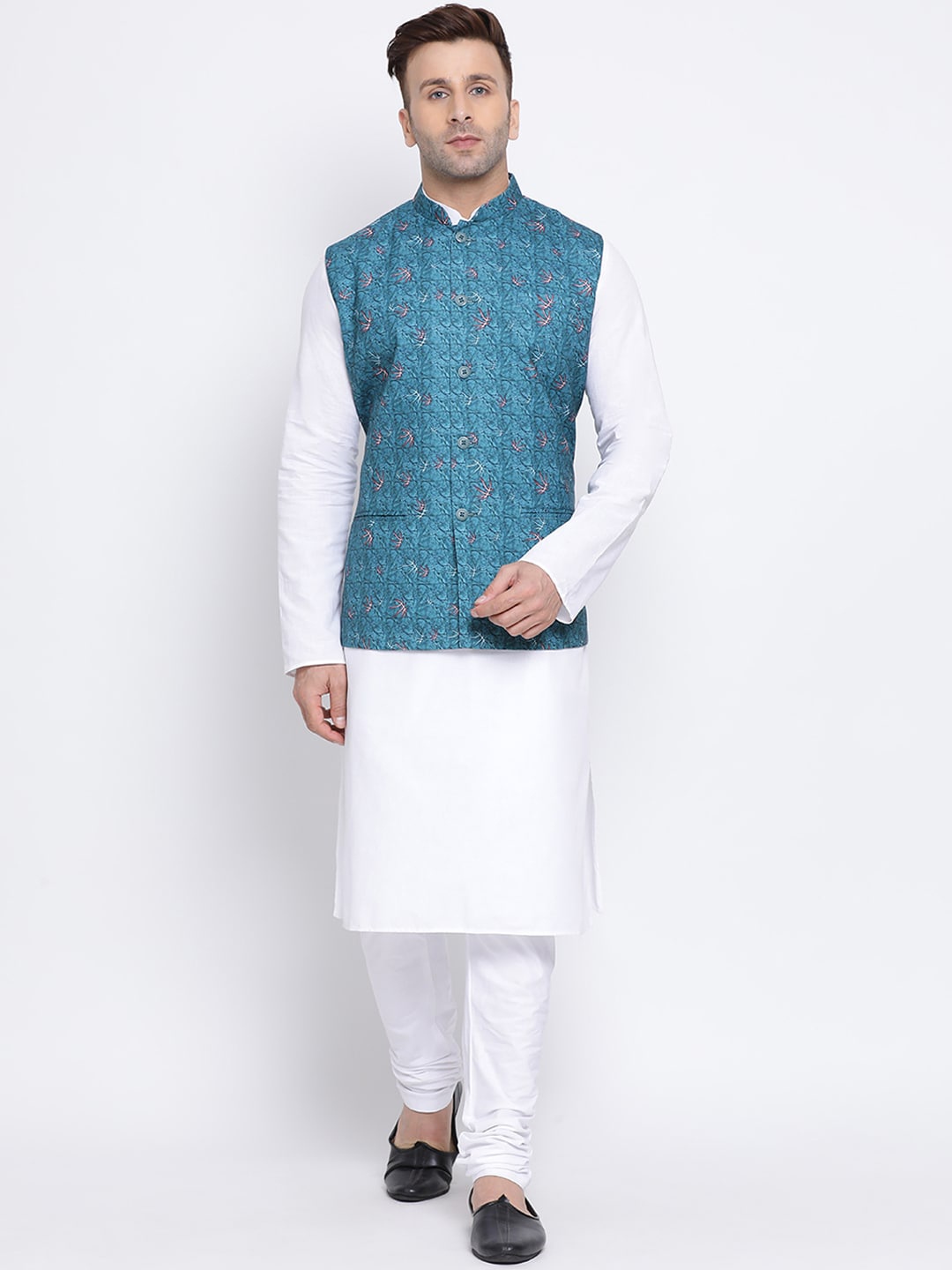 

NAMASKAR Men White & Blue Solid Kurta with Churidar & Nehru Jacket