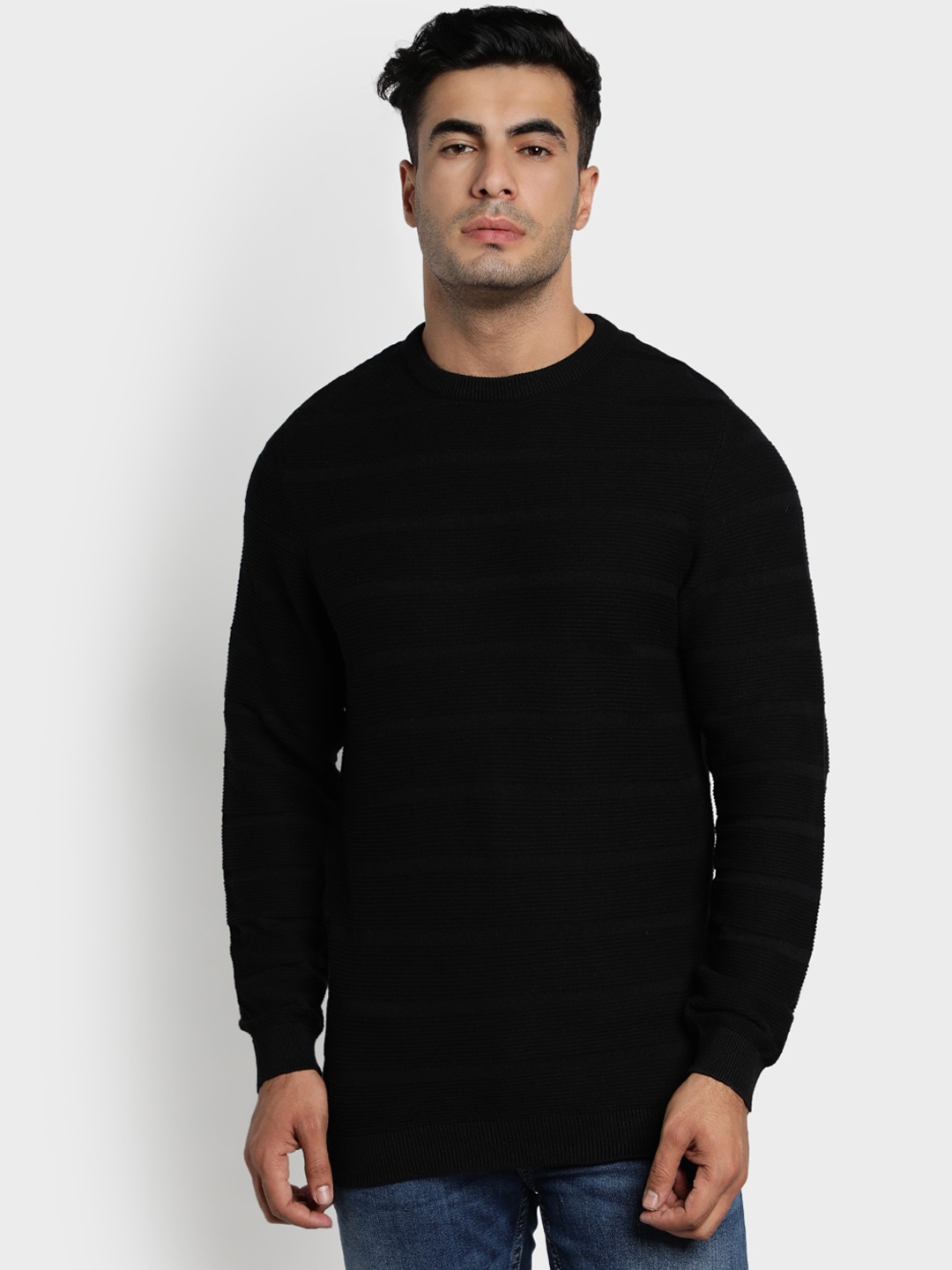

Red Tape Men Black Striped Pullover Sweater