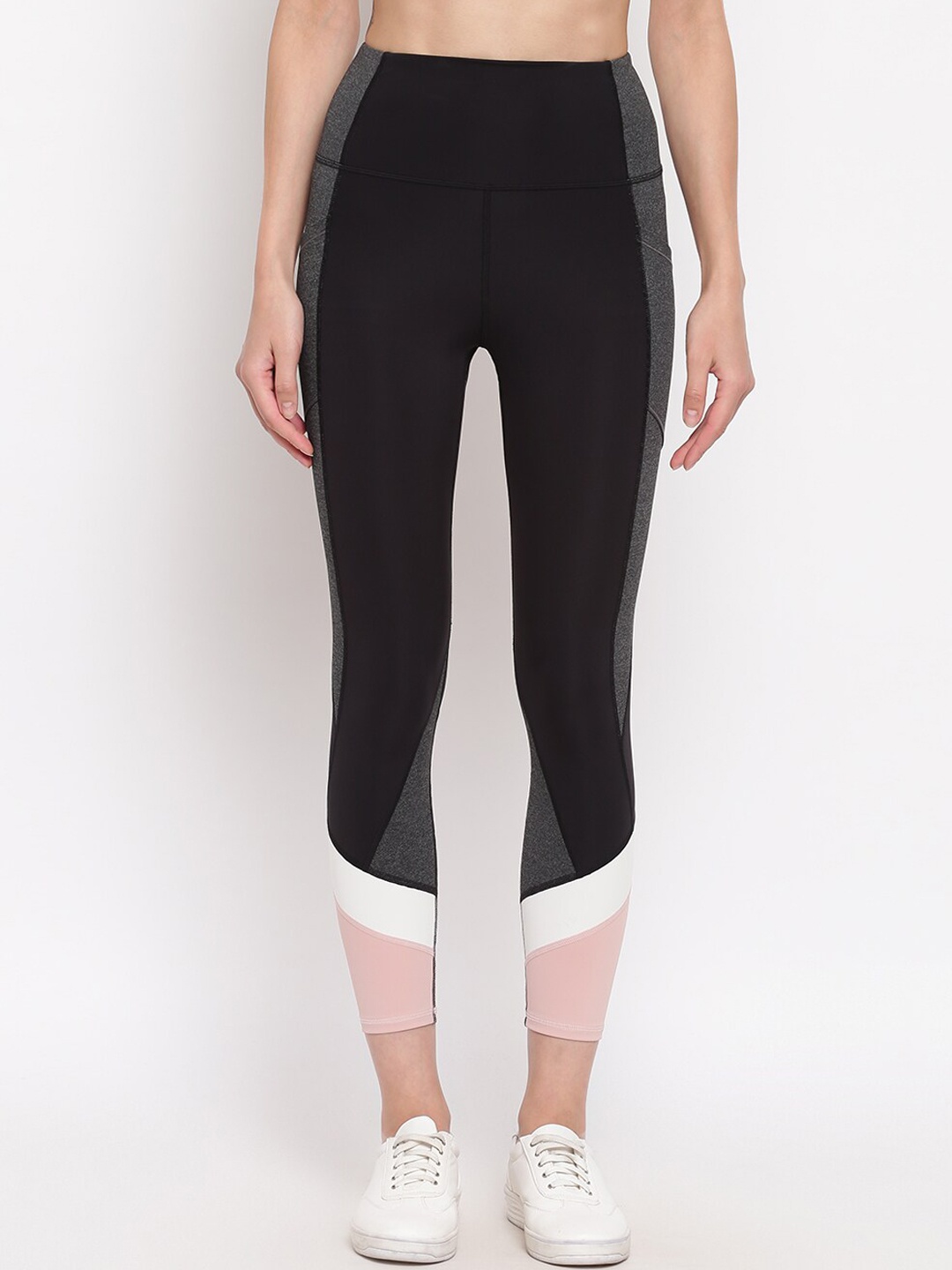 

Enamor Women Dry Fit Antimicrobial High-Waist Colourblock Leggings E158, Black
