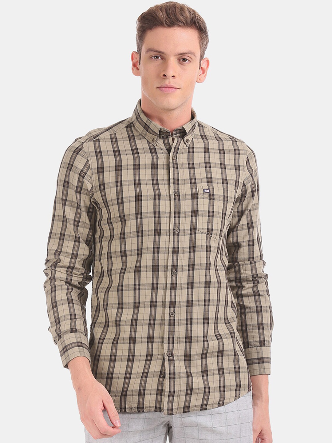 Arrow Sport Men Beige & Brown Regular Fit Checked Casual Shirt