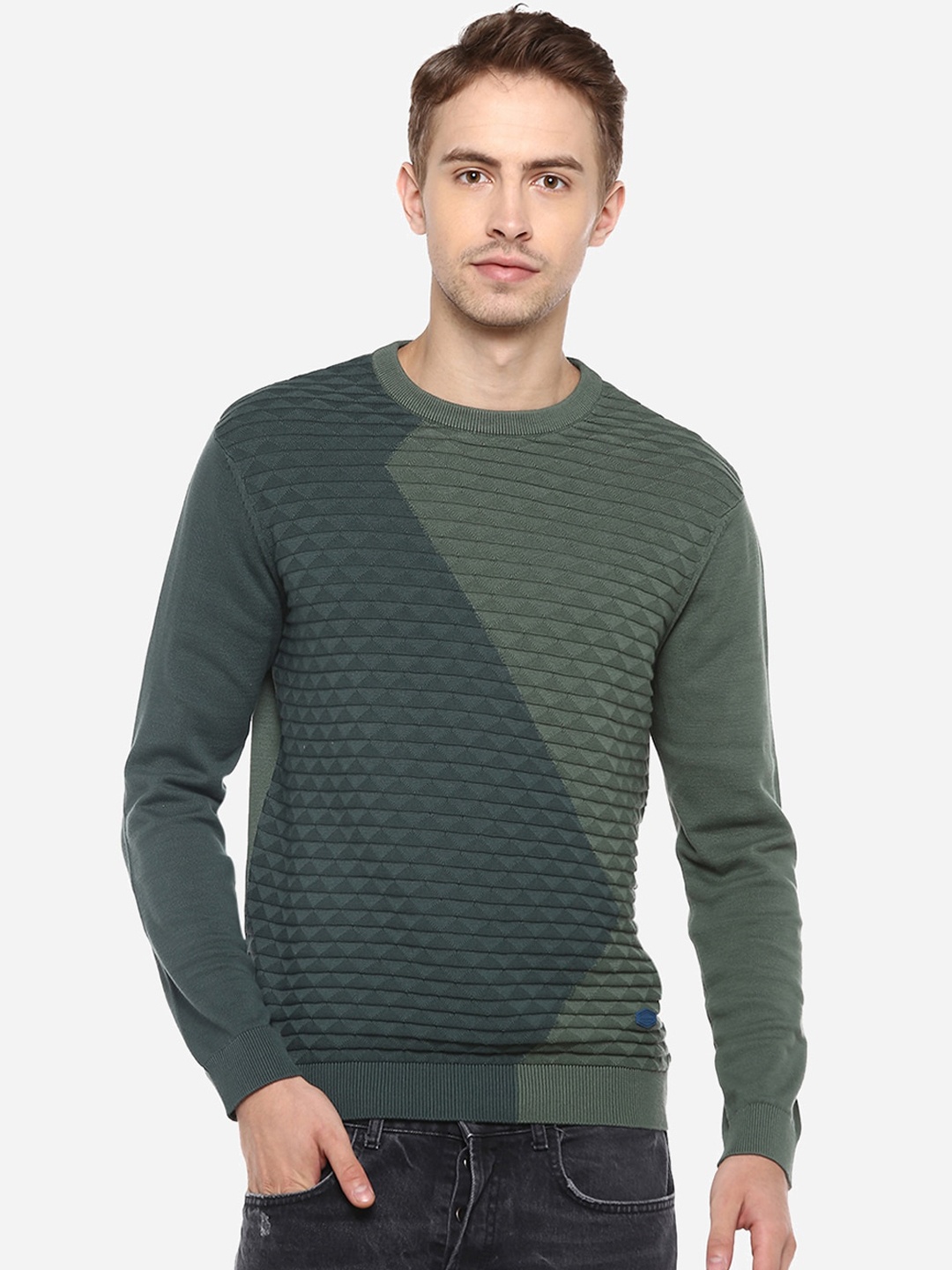 Red Chief Men Sea Green Colourblocked Pullover Sweater