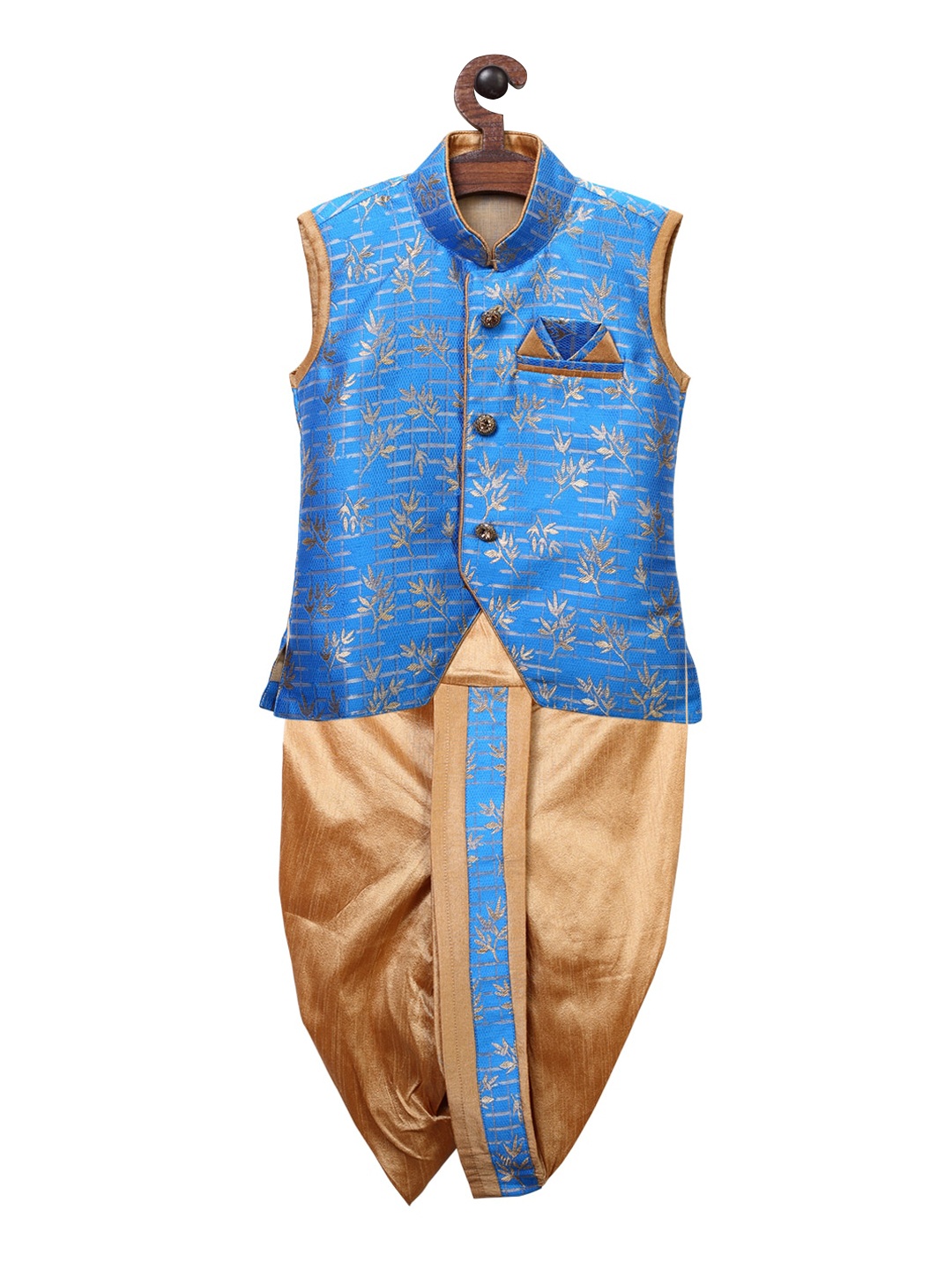 

Ridokidz Boys Blue & Gold-Toned Self Design Kurta with Dhoti Pants