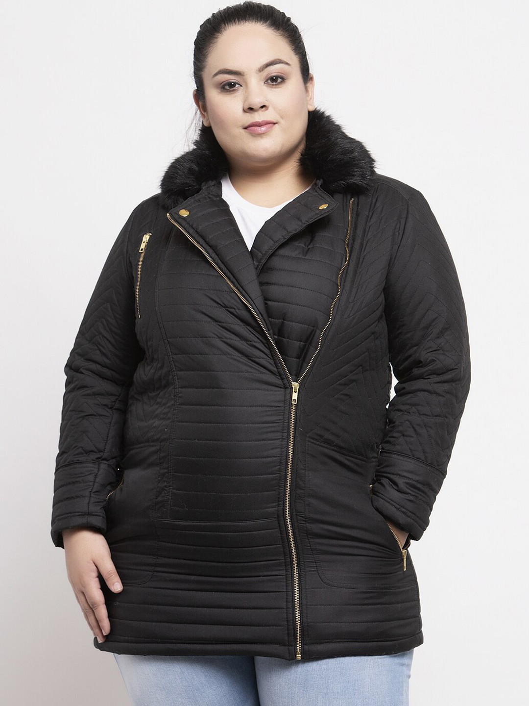 

plusS Women Black Solid Padded Jacket