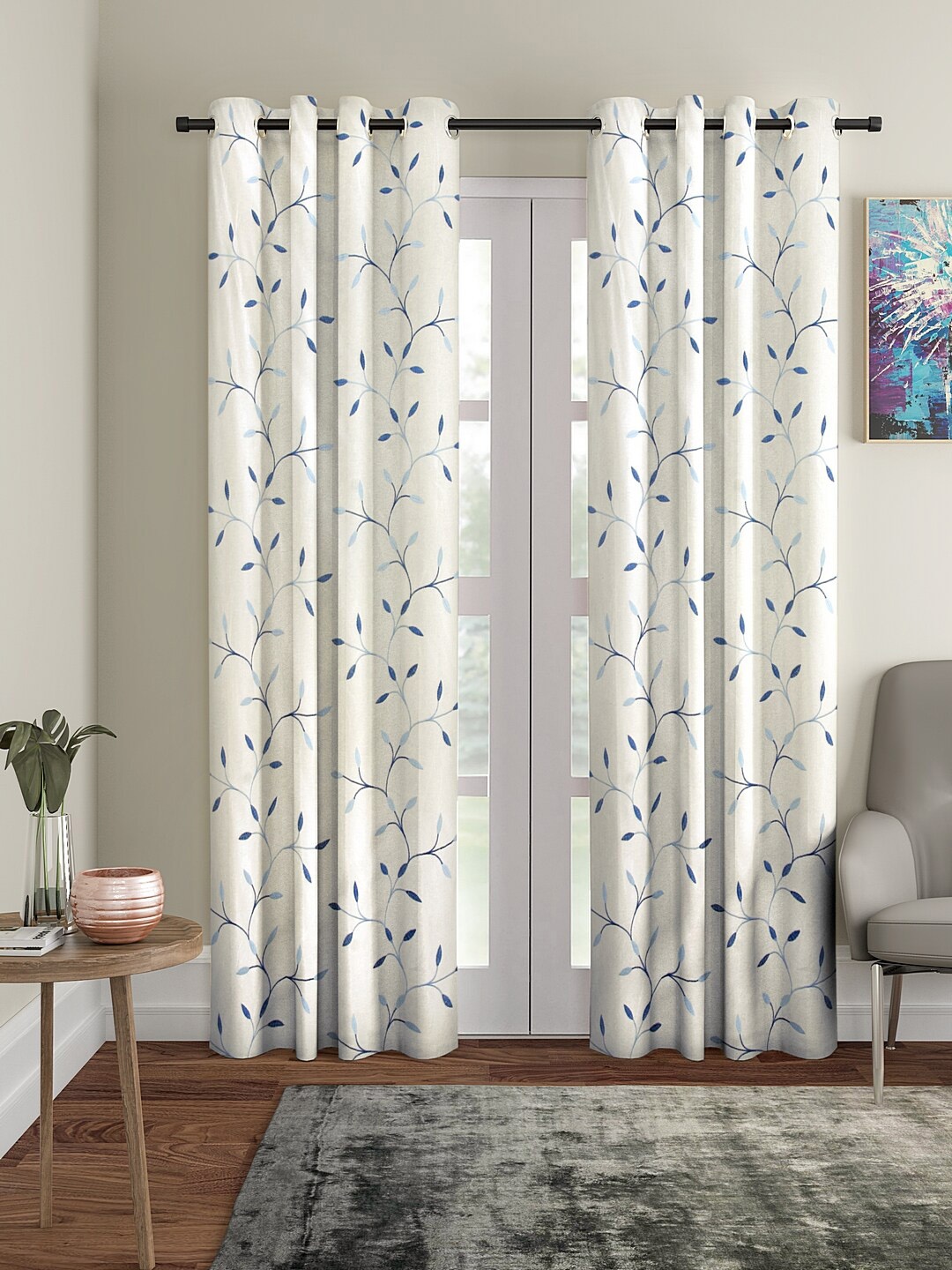 

Cortina Set of 2 White & Blue Floral Embroidered Door Curtains