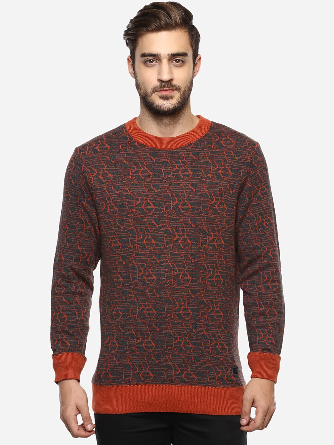 

Red Chief Men Grey & Red Printed Pullover Sweater