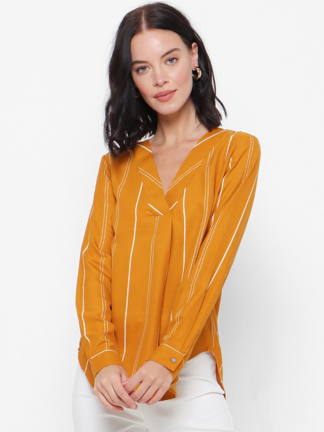 

FOREVER 21 Women Mustard Yellow Regular Fit Striped Casual Shirt