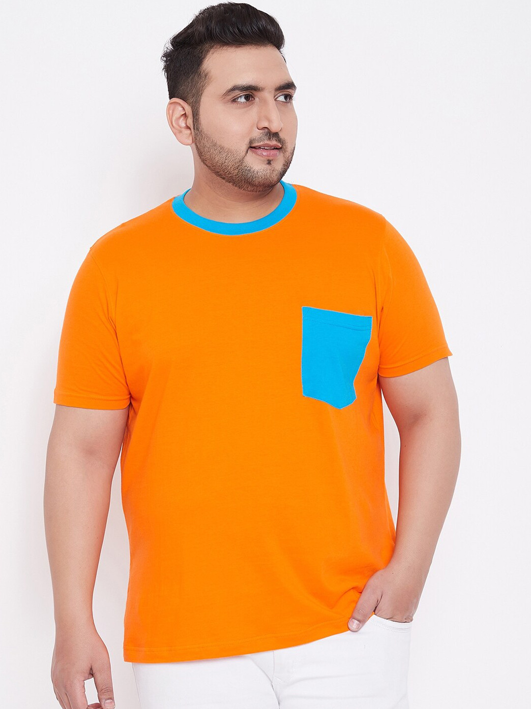 

bigbanana Men Plus Size Orange Colourblocked Round Neck T-shirt