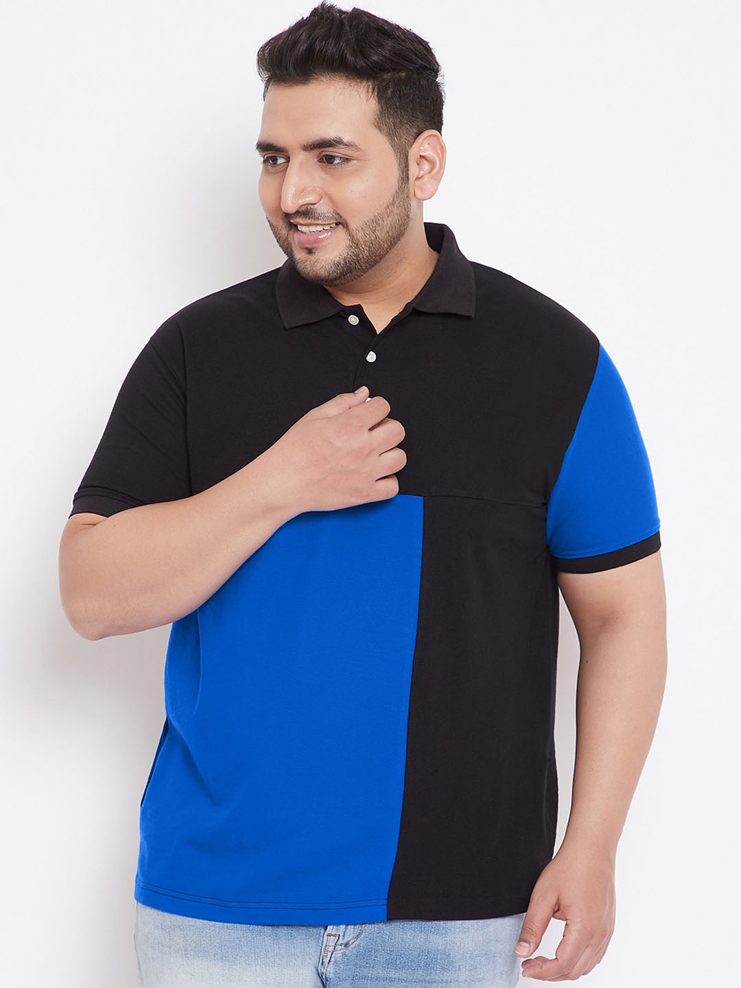 

bigbanana Men Plus Size Black Colourblocked Polo Collar T-shirt