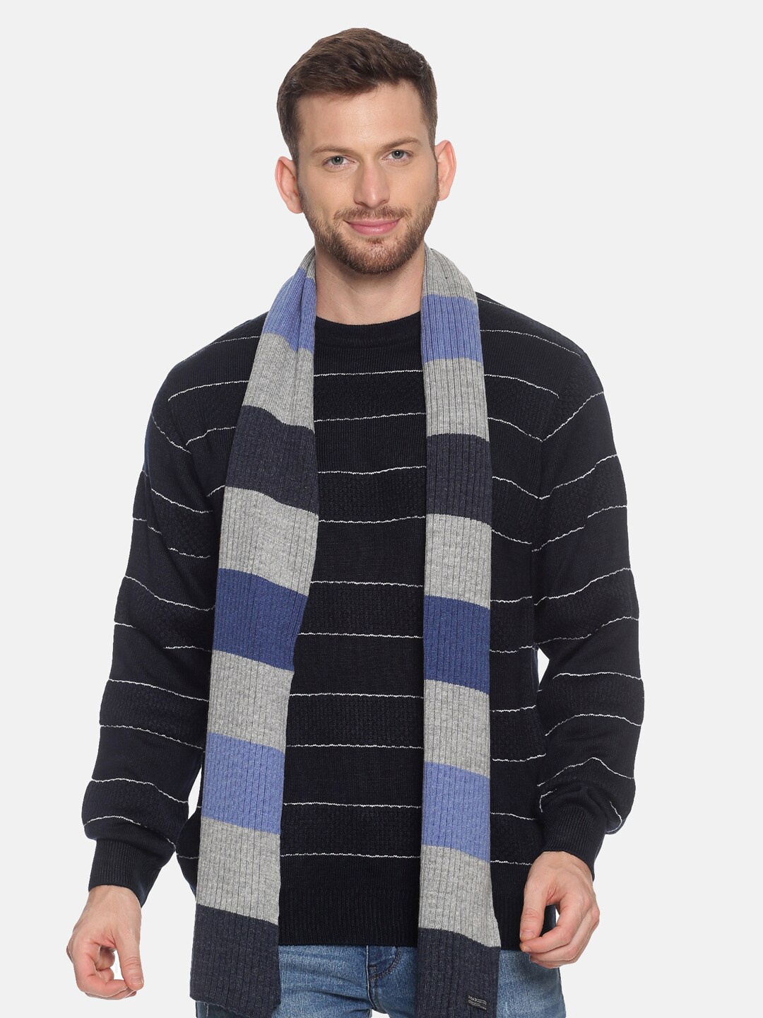 

513 Men Beige & Red Woven Design Mufflers, Navy blue