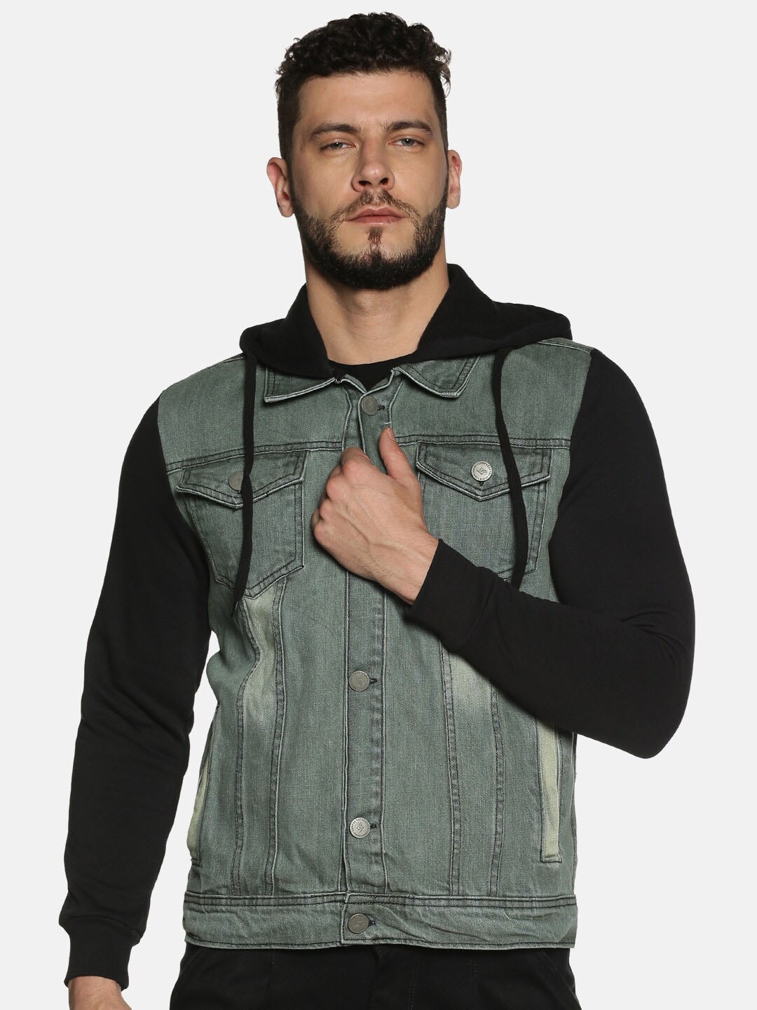 

Campus Sutra Men Grey Colourblocked Hooded Denim Jacket