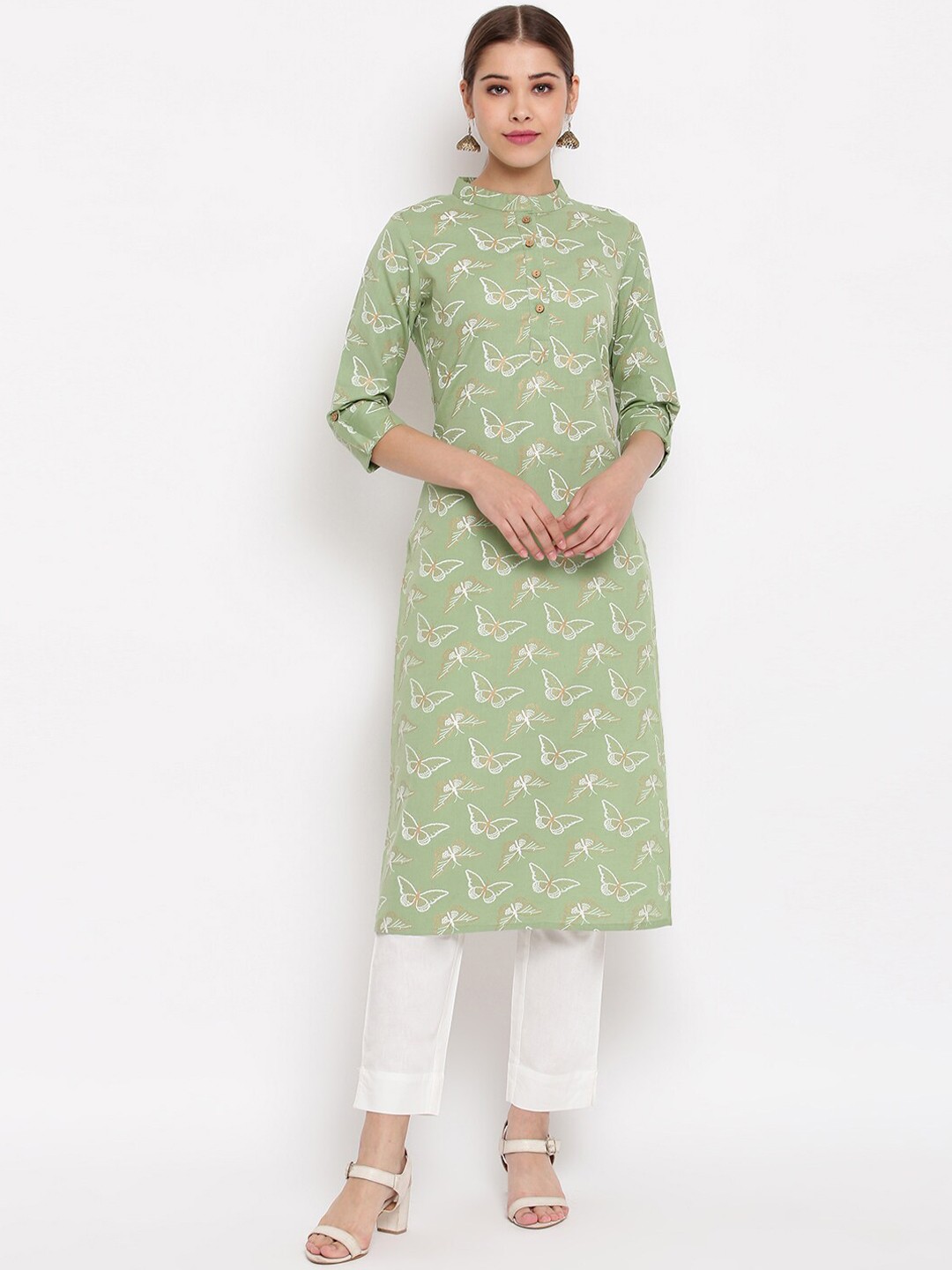 

Janasya Women Green & White Printed Straight Kurta