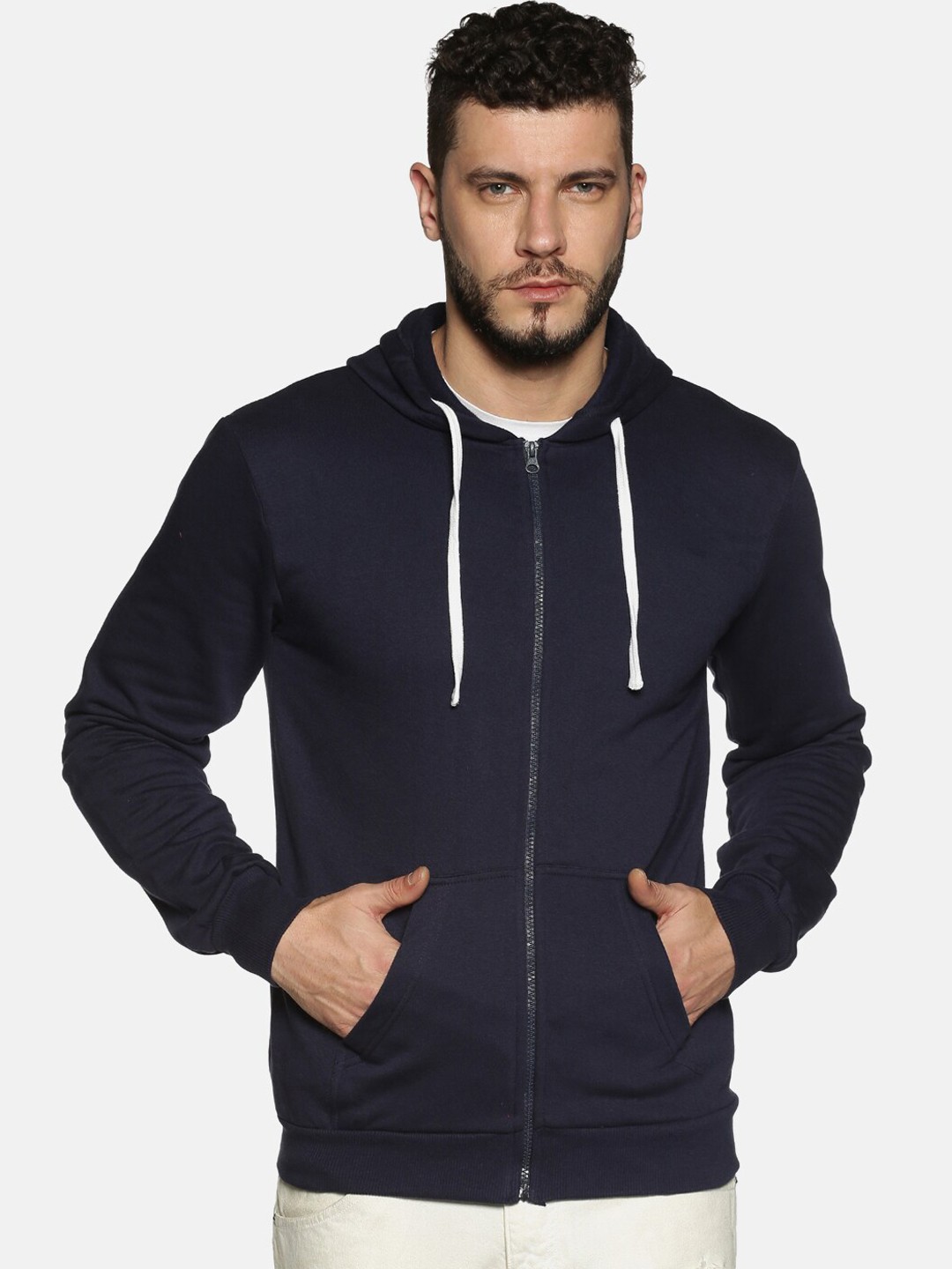 

Instafab Men Navy Blue Solid Hooded Sweatshirt