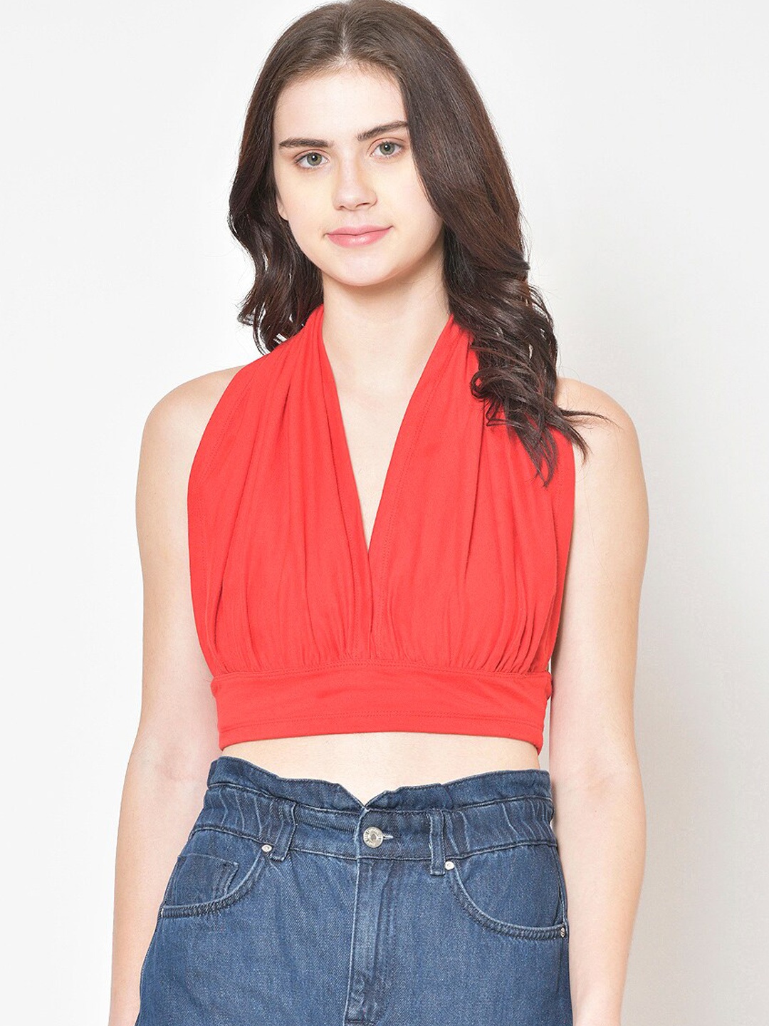 Cation Women Red Solid Shirt Style Crop Top