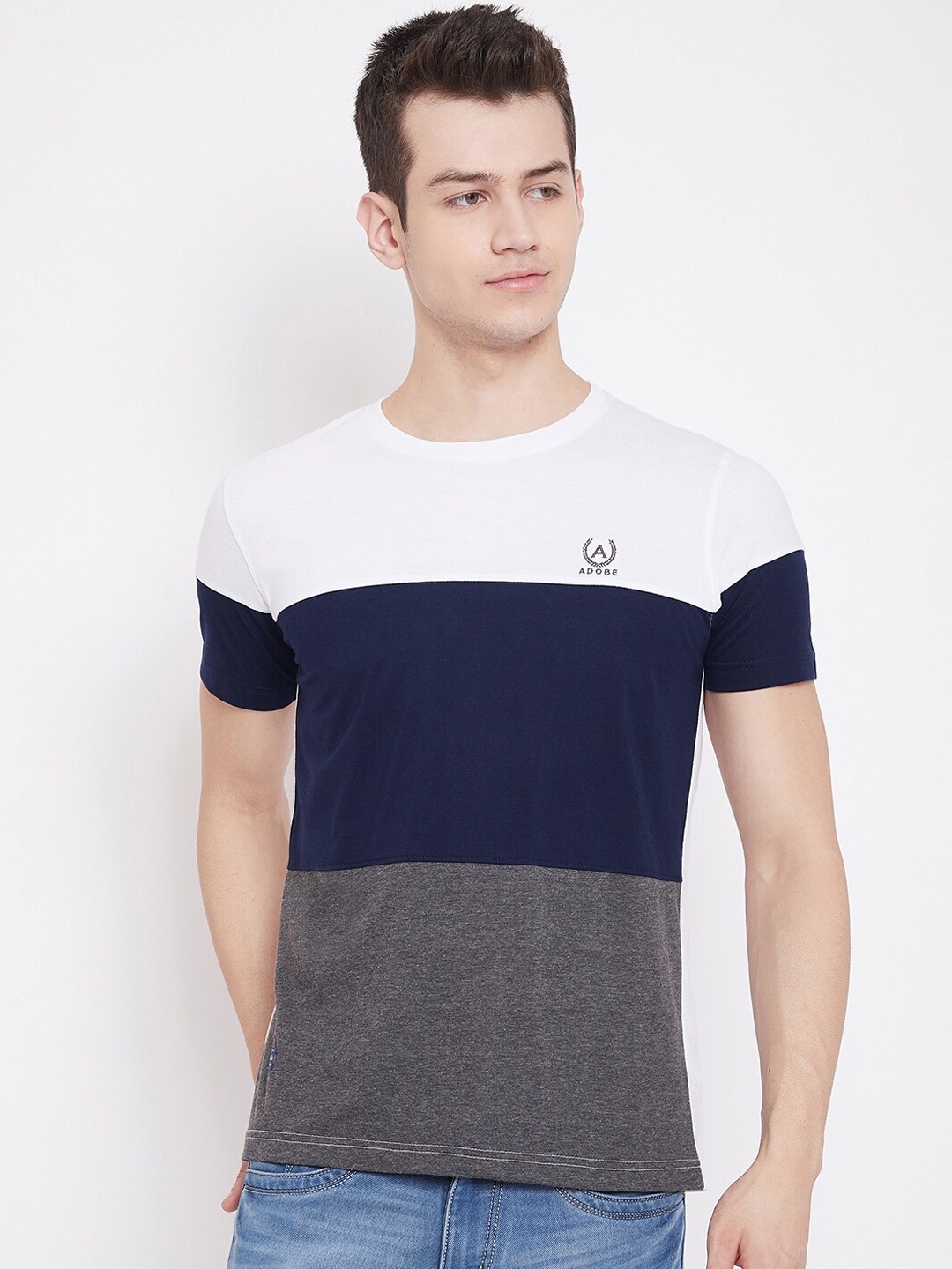 Adobe Men White Colourblocked Round Neck T-shirt