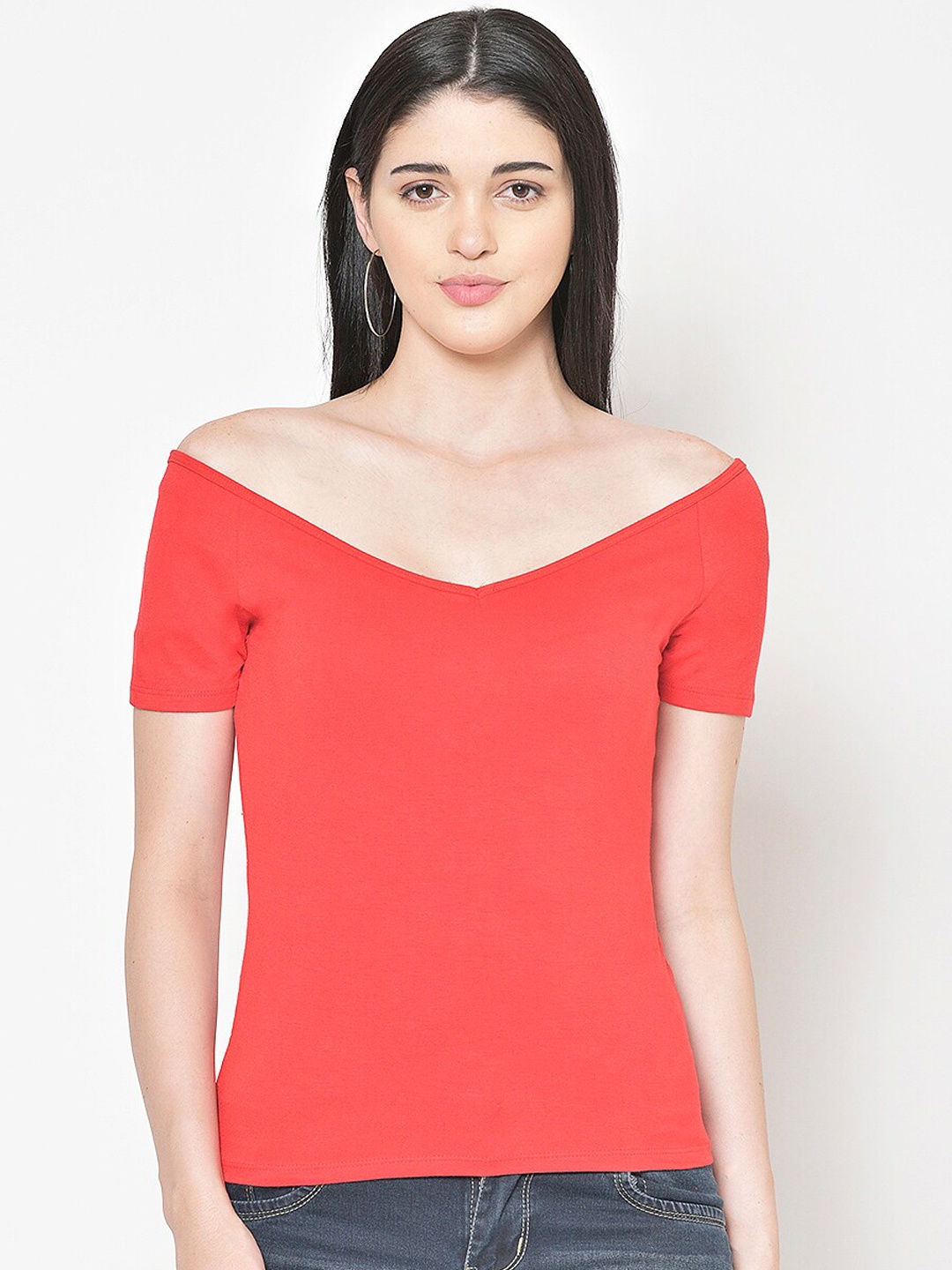 

Cation Women Red Solid Bardot Pure Cotton Top