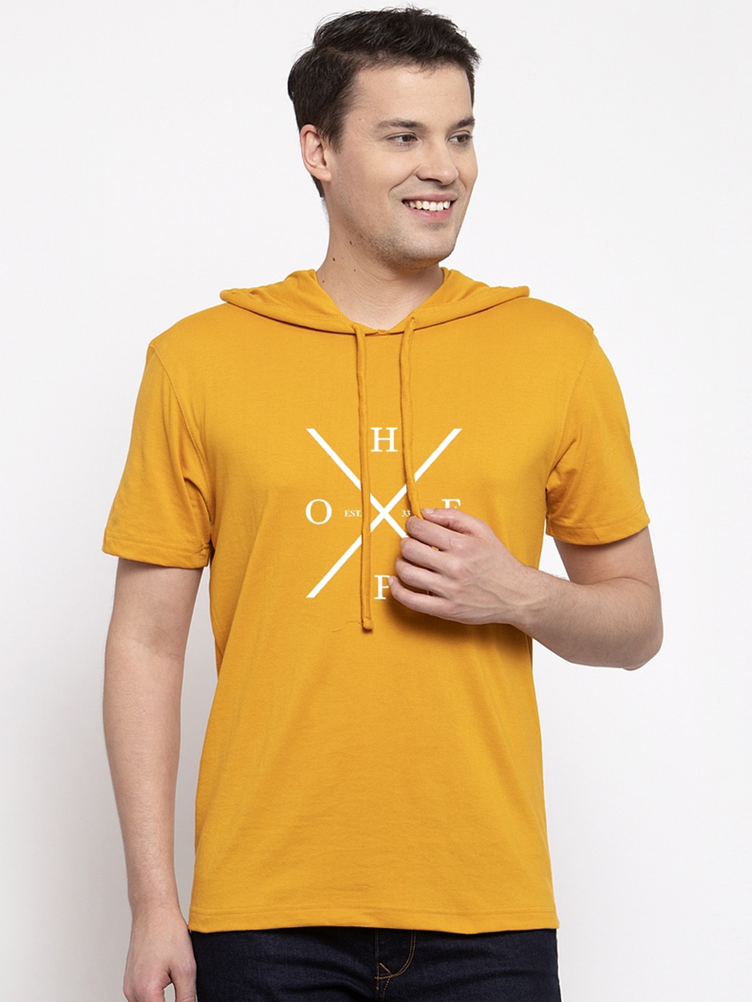 

Friskers Men Yellow Printed Hood T-shirt