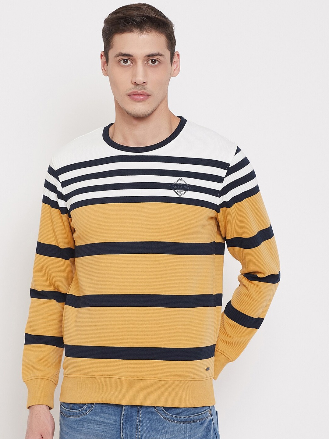 

Crimsoune Club Men Yellow Striped Sweatshirt