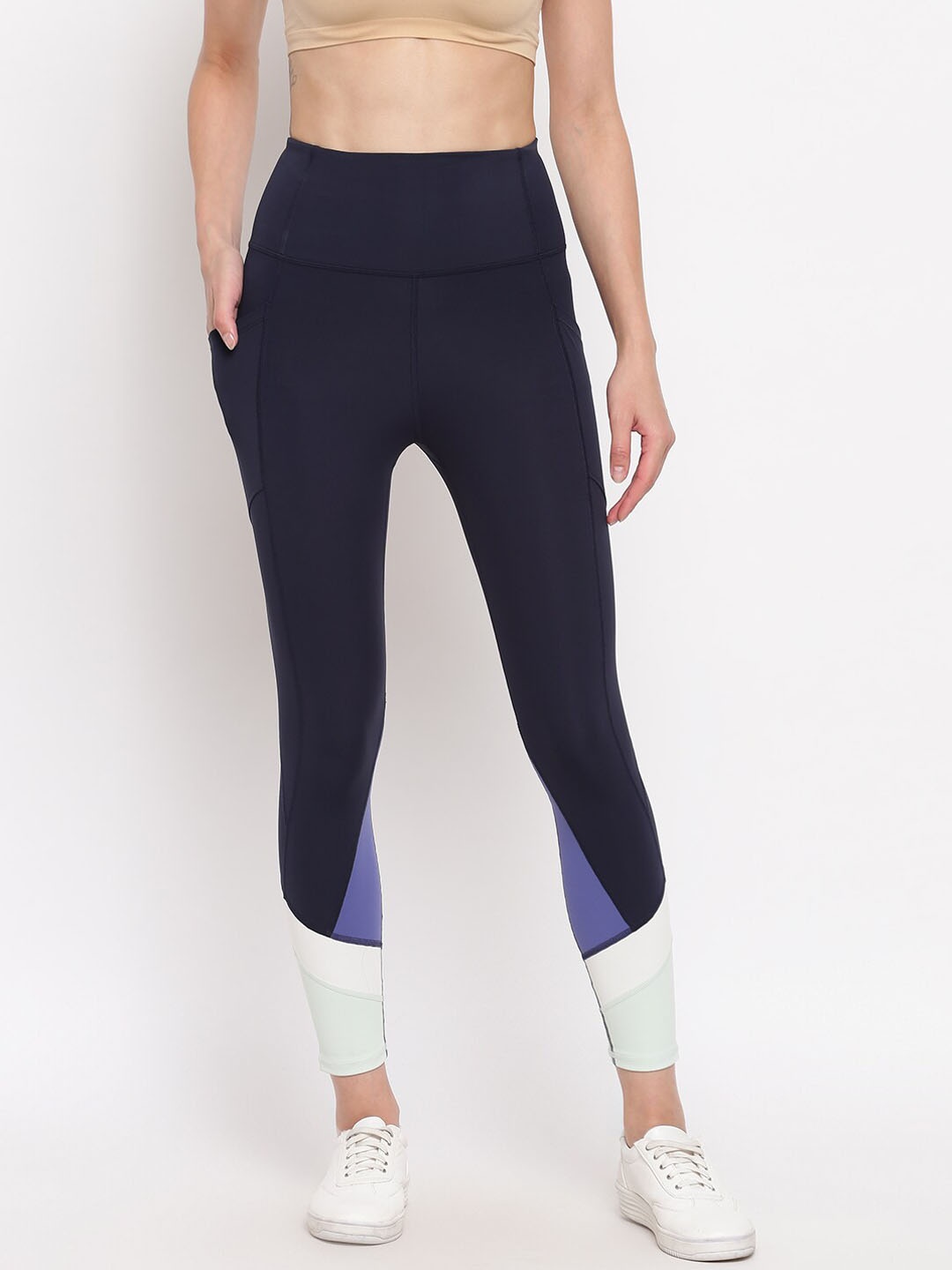 

Enamor E158 Dry Fit Antimicrobial High-Waist Engineered Leggings for Women with Drawstring, Navy blue