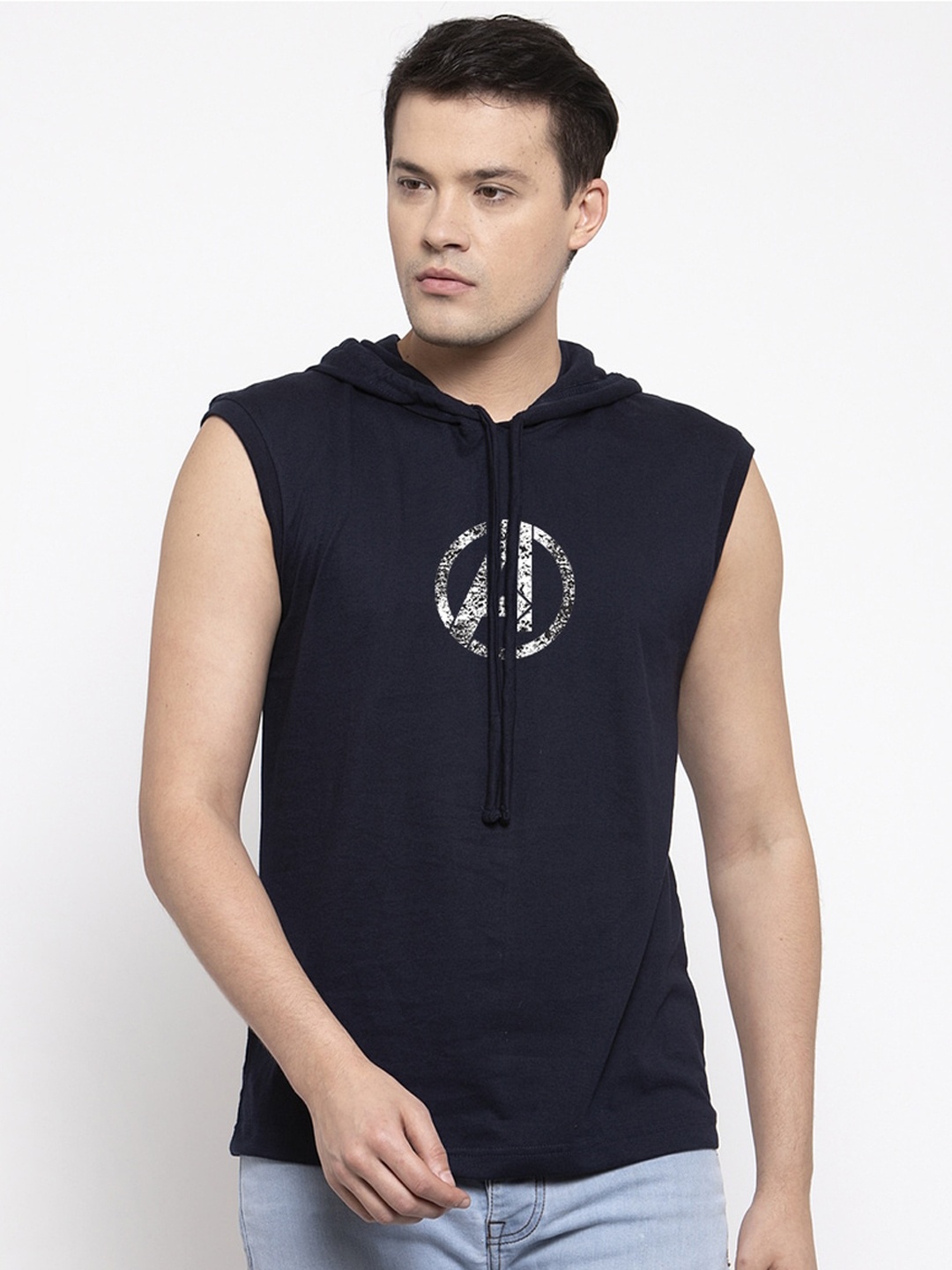 Friskers Men Navy Blue Printed Hood T-shirt
