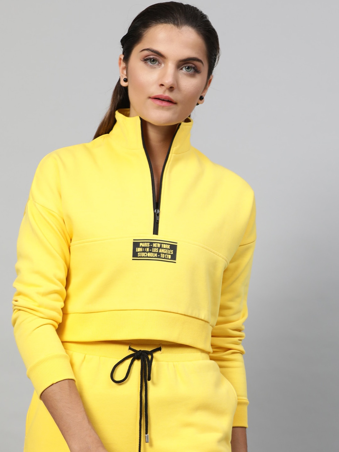 

STREET 9 Women Yellow Solid Crop Sweatshirt