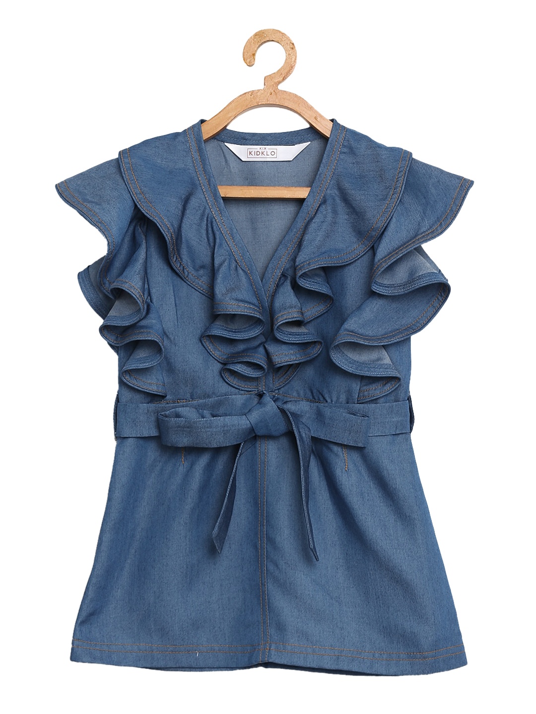 

KIDKLO Girls Blue Solid Sheath Denim Dress
