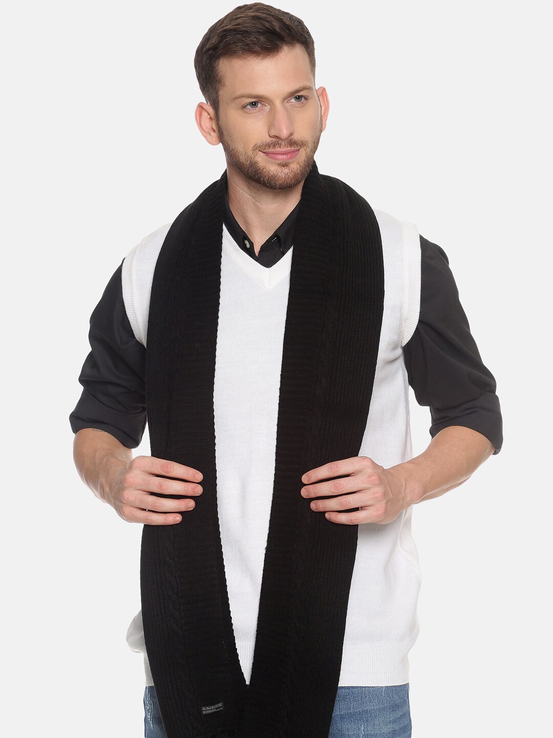 

513 Men Beige & Red Woven Design Mufflers, Black