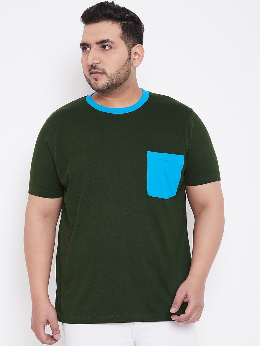 

bigbanana Men Plus Size Green Solid Round Neck Pure Cotton T-shirt