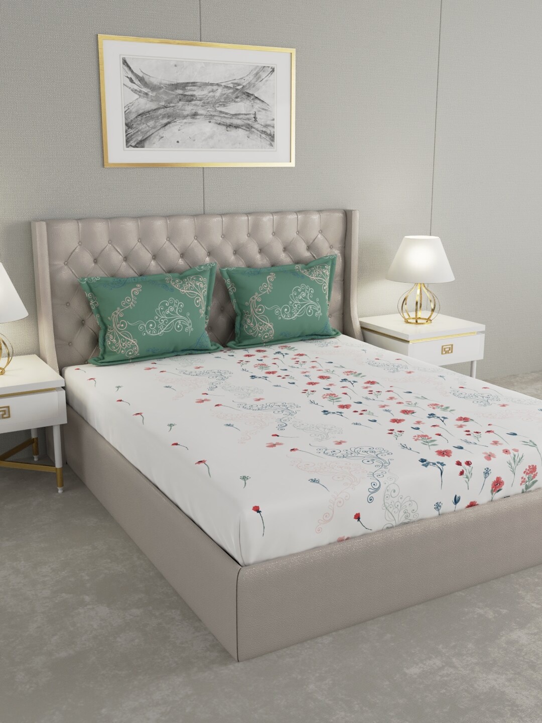 

Raymond Home White & Sea Green Floral-Print 144 TC Bedsheet With 2 Pillow Covers