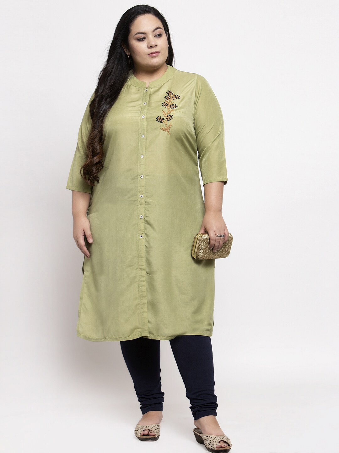 

plusS Women Olive Green Embroidered A-Line Kurta