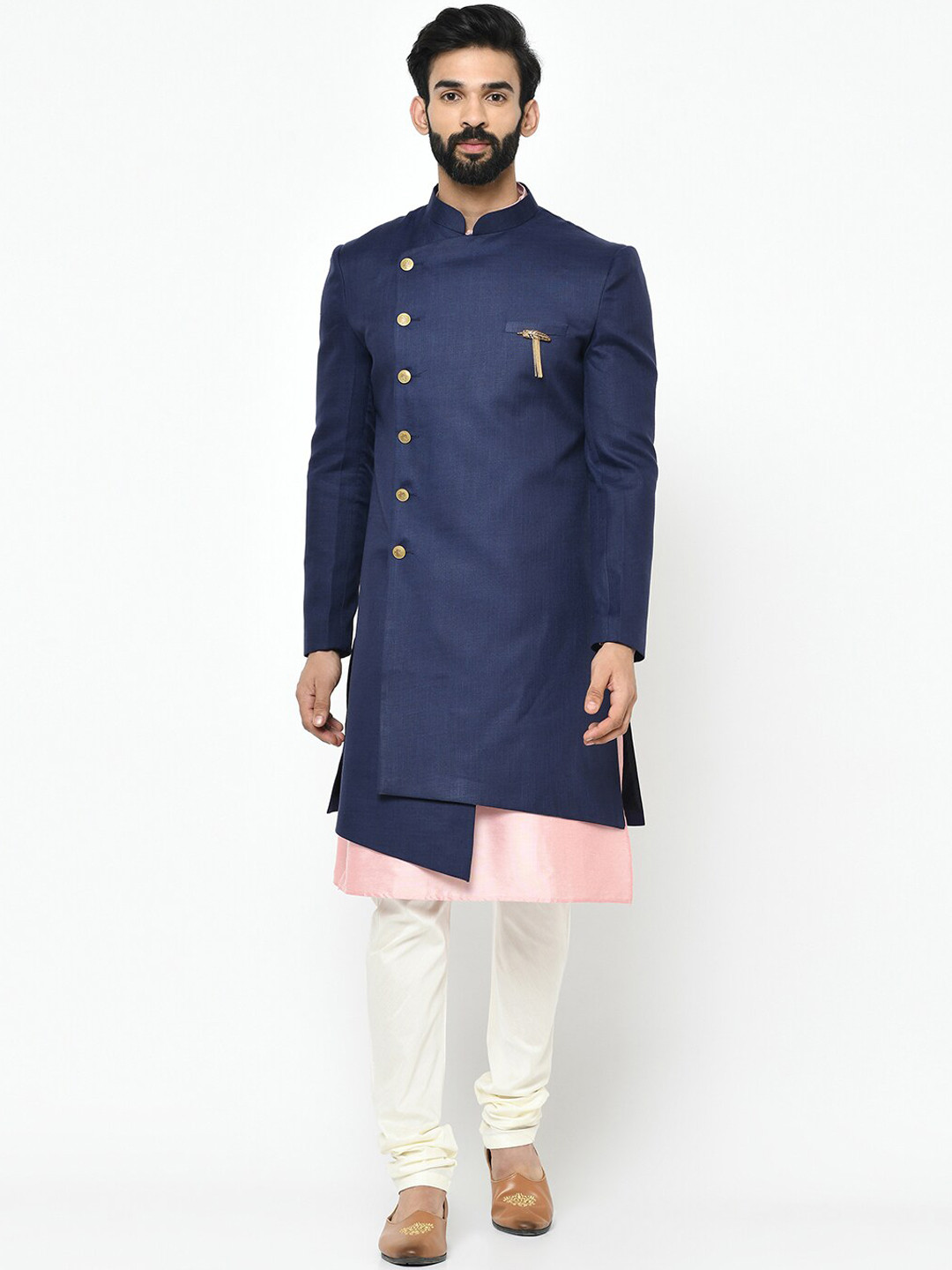 

KISAH Men Navy Blue & White Solid Indowestern Sherwani Set