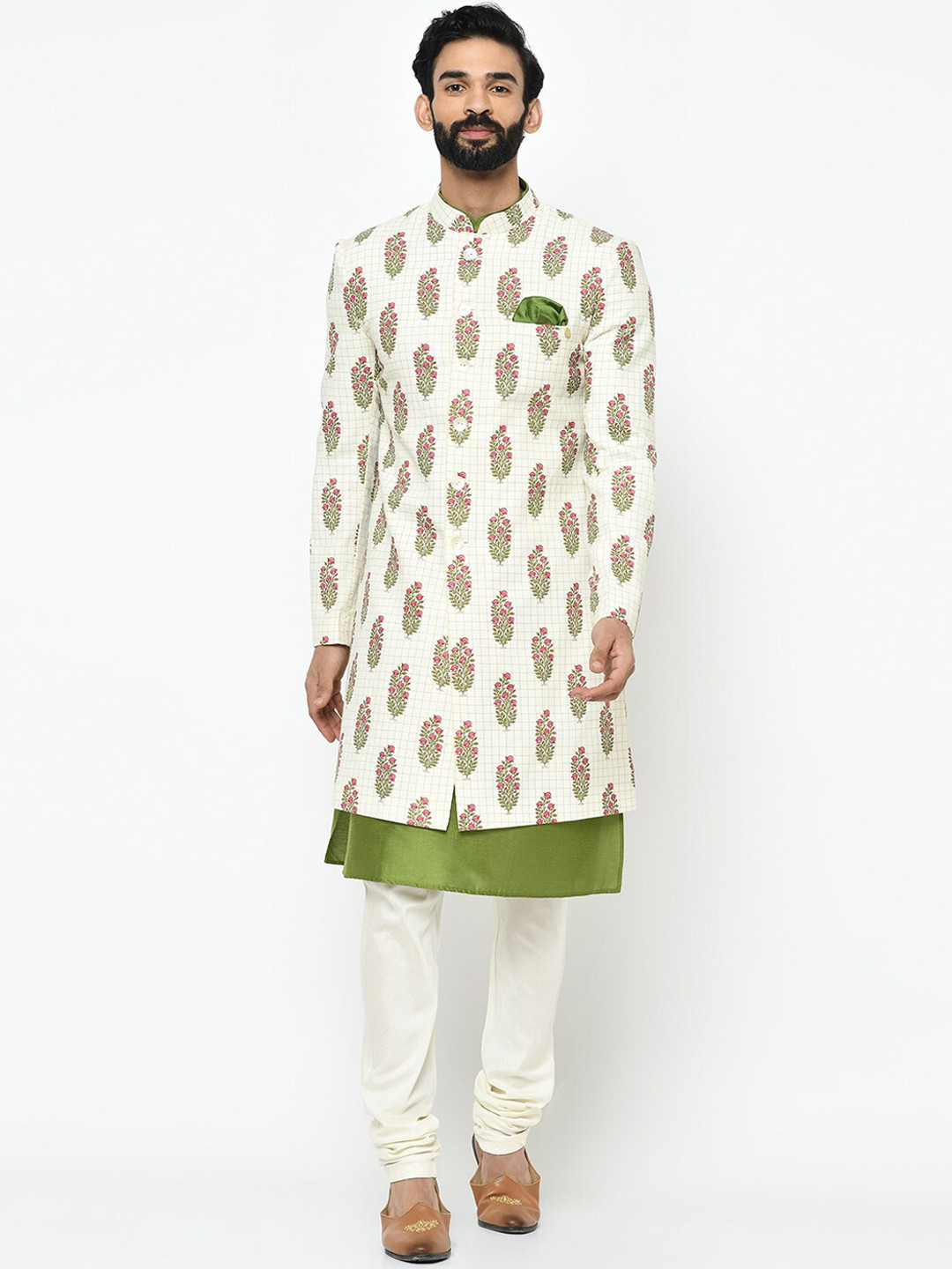 

KISAH Men White & Green Kurta Printed Sherwani Set