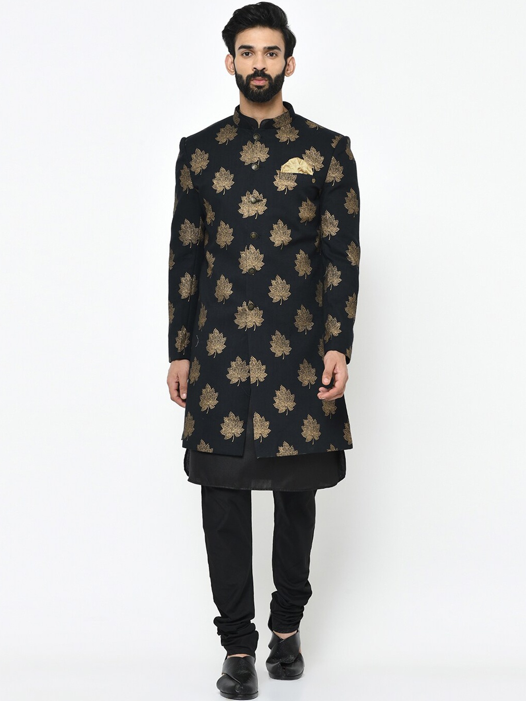 

KISAH Men Black & Gold Embellished Indowestern Sherwani Set