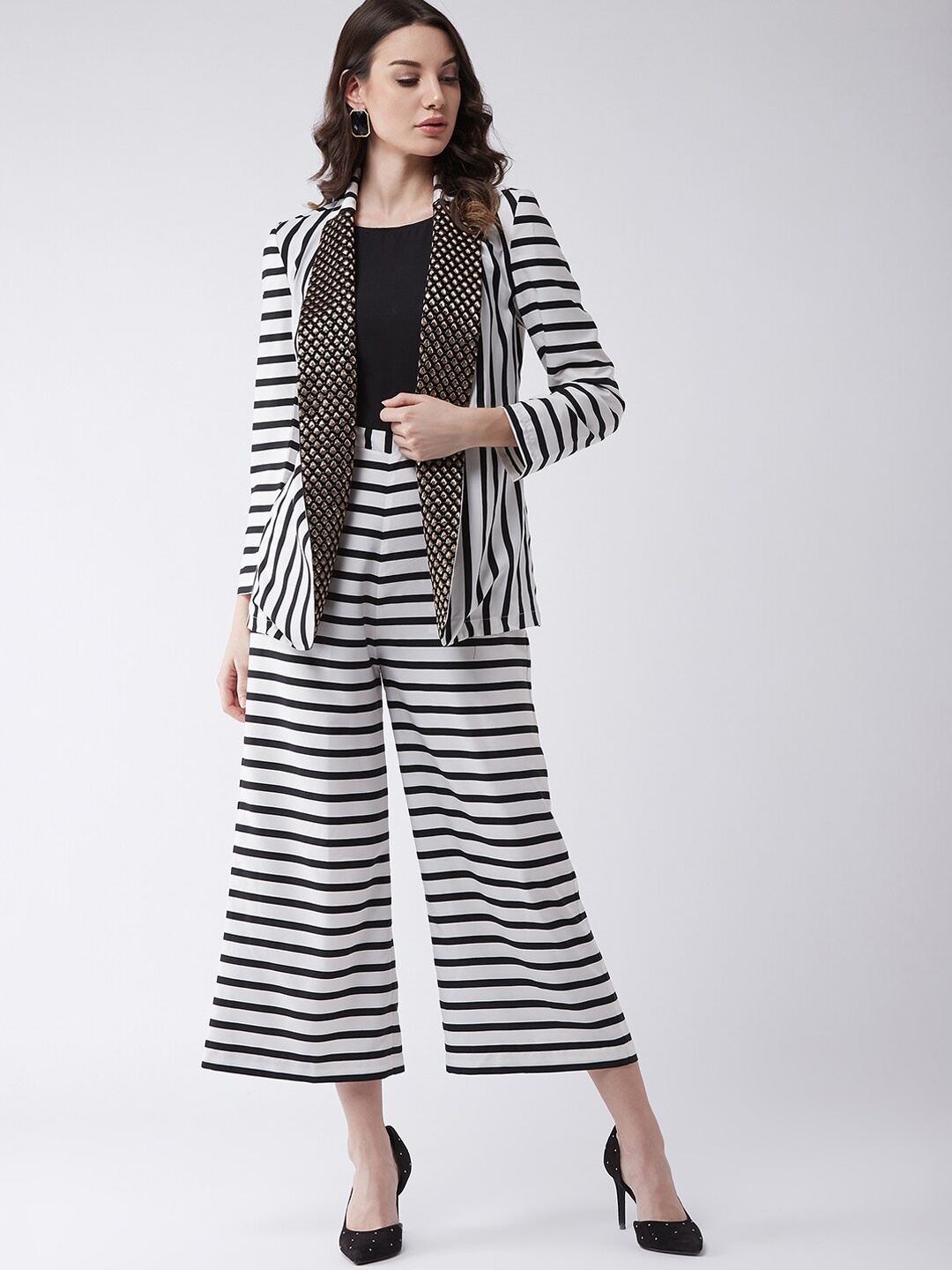 

Zima Leto Women White & Black Striped Basic Jumpsuit With Jacket