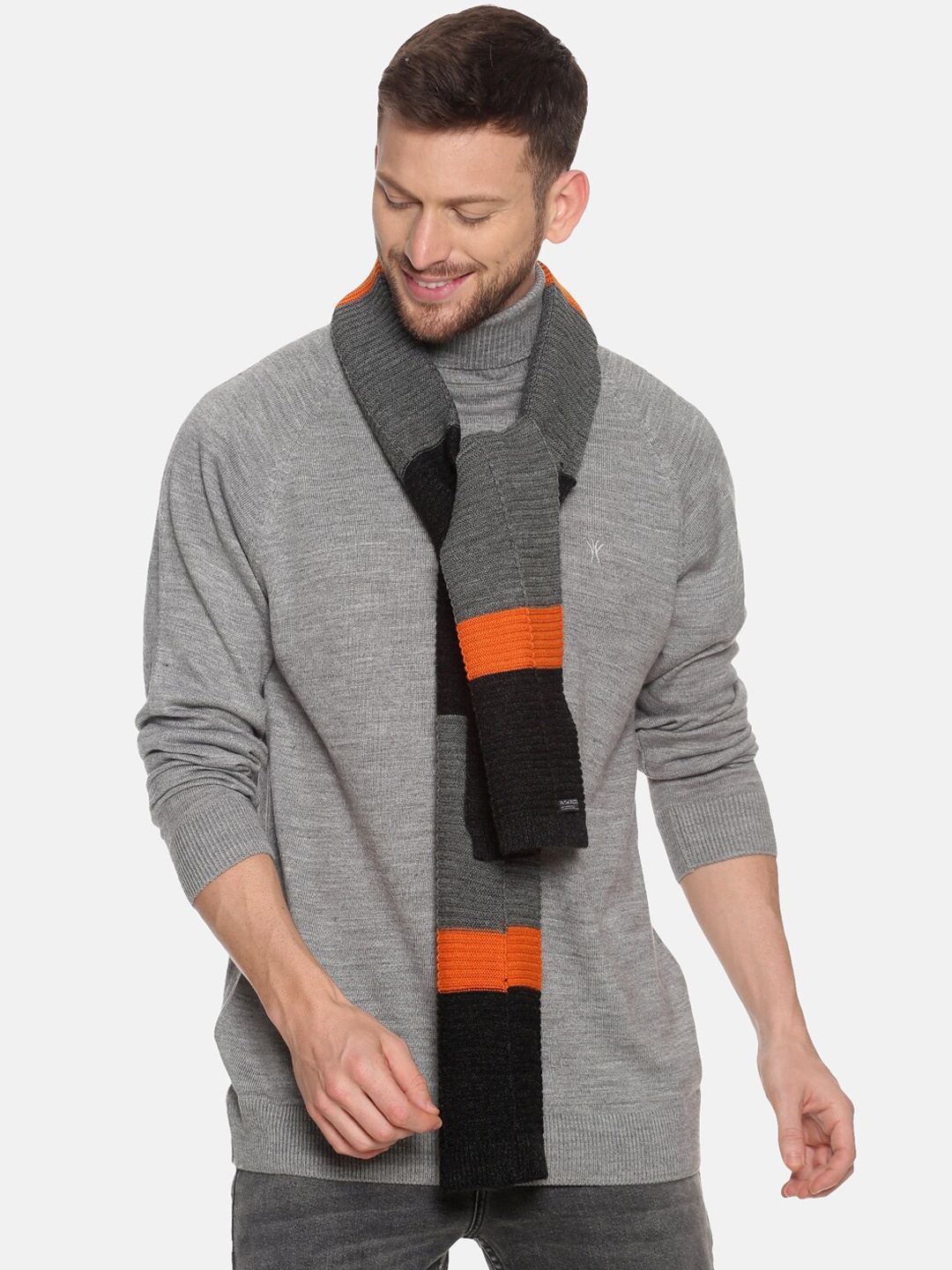 

513 Men Grey & Black Colourblocked Muffler, Charcoal