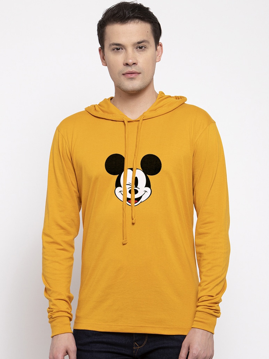 

Friskers Men Yellow Mickey Mouse Printed Hood T-shirt